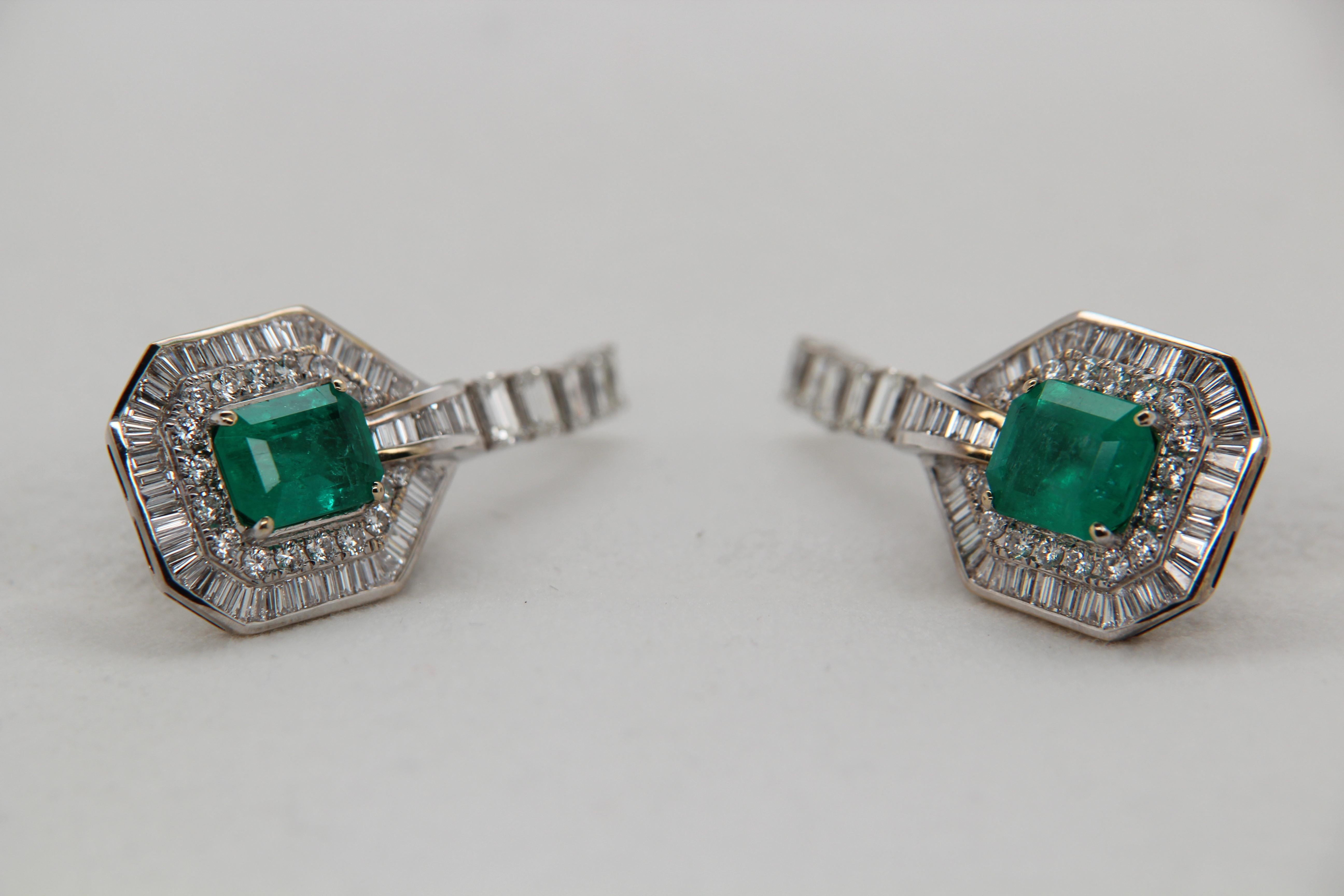 Octagon Cut 4.72 Carat Emerald and Diamond Earring in 18 Karat Gold For Sale
