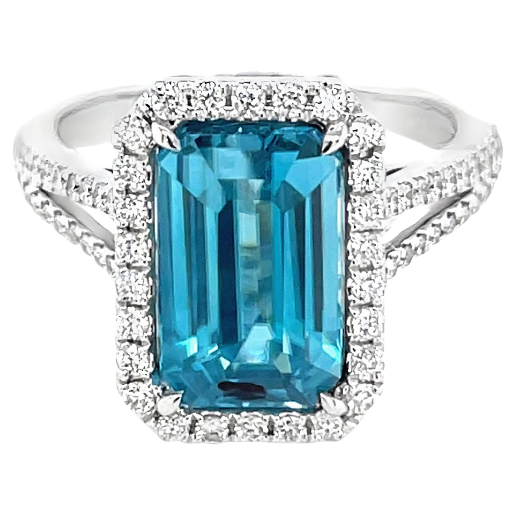 4.72 Carat Emerald Cut Blue Zircon and Diamond White Gold Cocktail Ring