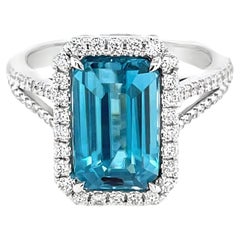 4.72 Carat Emerald Cut Blue Zircon and Diamond White Gold Cocktail Ring
