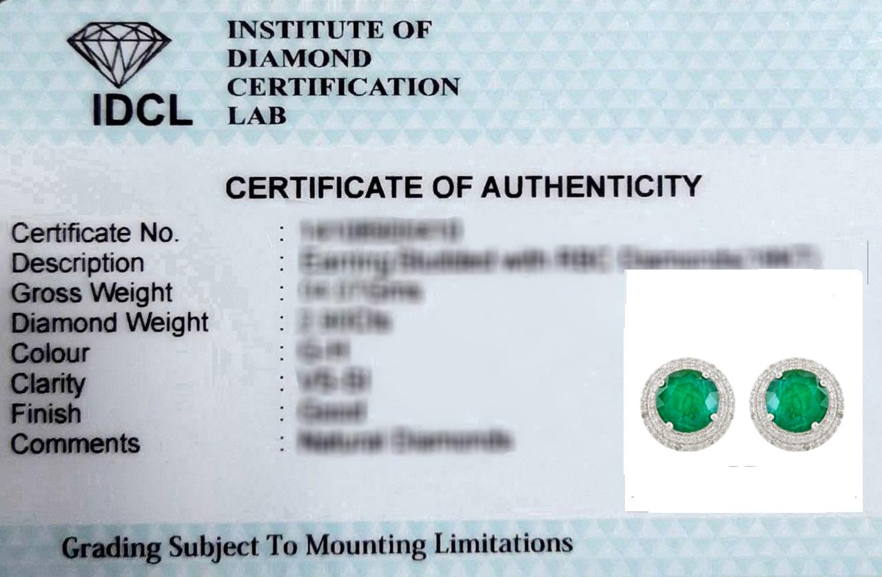 Women's 4.72 Carat Emerald Gemstone Stud Earrings 0.52 ct Diamond Pave 18k White Gold For Sale