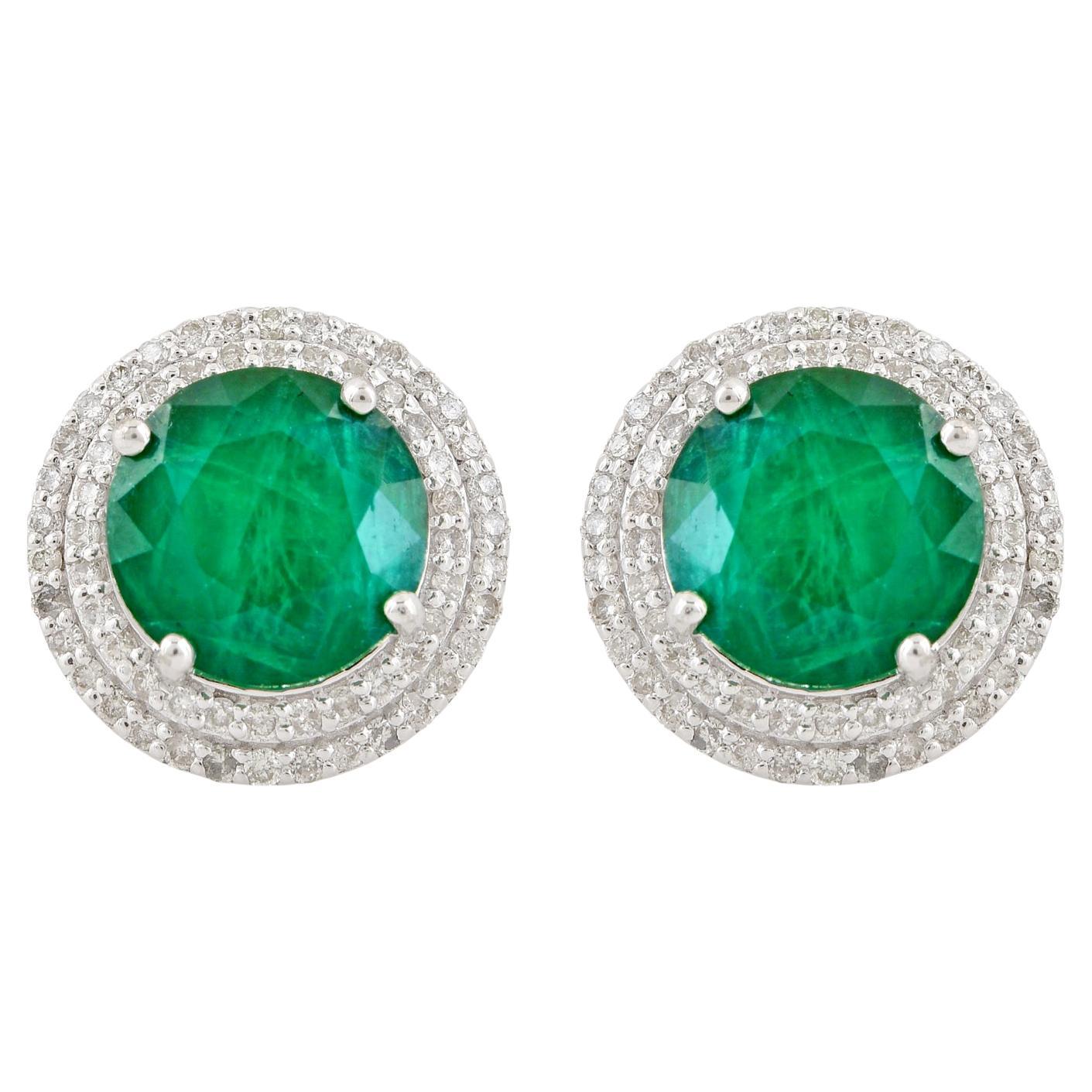 4.72 Carat Emerald Gemstone Stud Earrings 0.52 ct Diamond Pave 18k White Gold For Sale