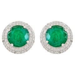 4.72 Carat Emerald Gemstone Stud Earrings 0.52 ct Diamond Pave 18k White Gold