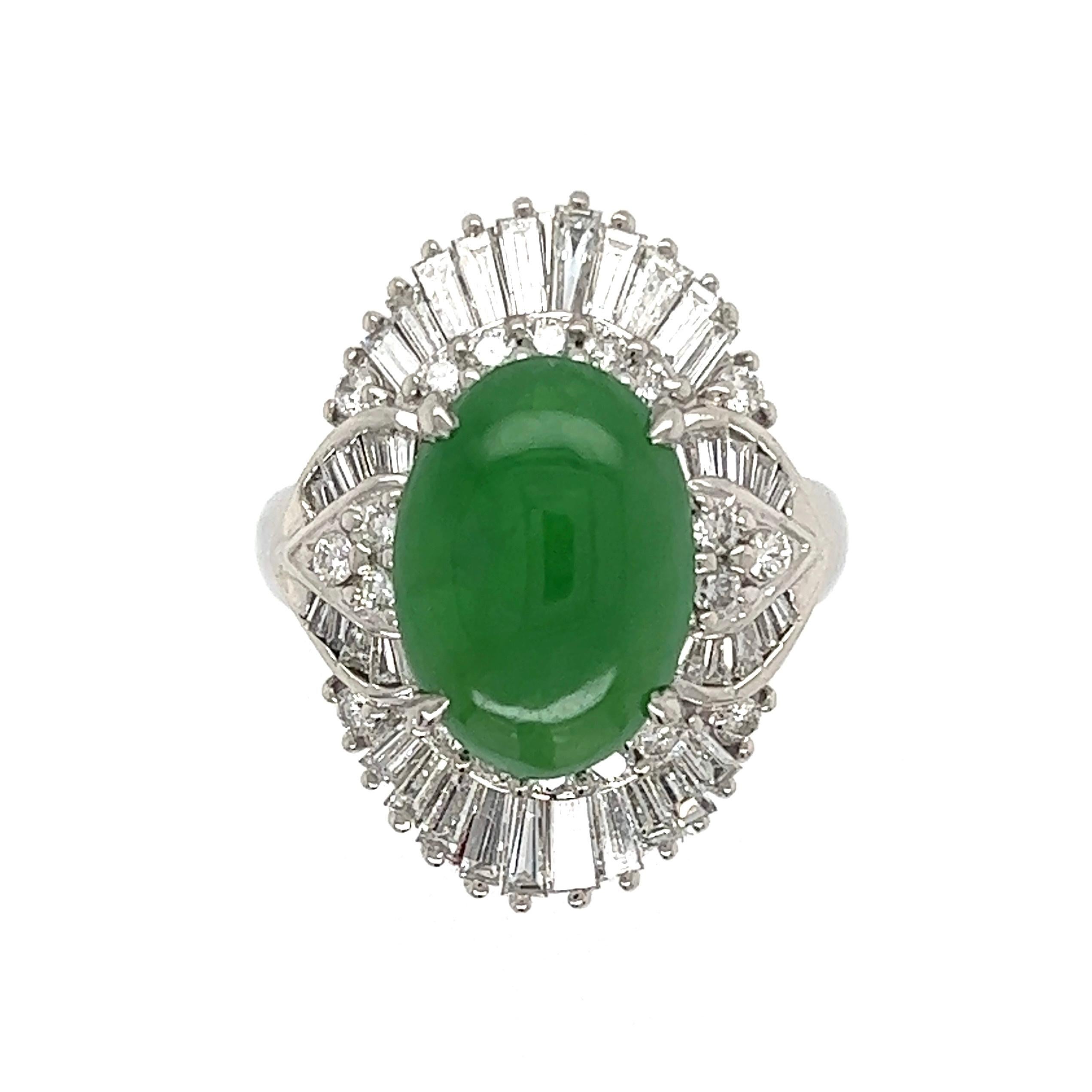 Simply Beautiful! Finely detailed Jadeite Jade and Diamond Ballerina Cocktail Ring. Centering a securely set awesome 4.72 Carat Cabochon Jadeite Jade, surrounded by Diamonds, weighing approx. 1.47tcw. Hand crafted Platinum mounting. Approx.