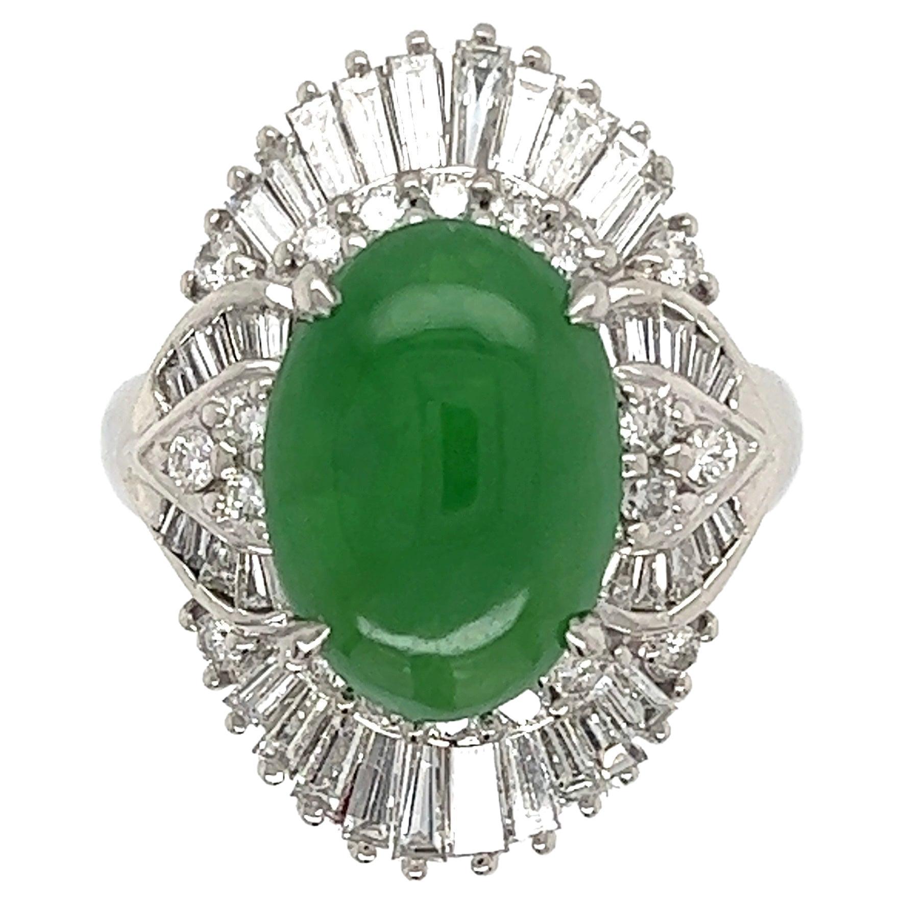 4.72 Carat Jadeite Jade and Diamond Platinum Ring Estate Fine Jewelry For Sale