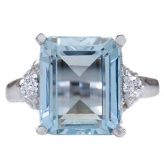 Vintage Natural Aquamarine Diamond Ring In 14 Karat White Gold 