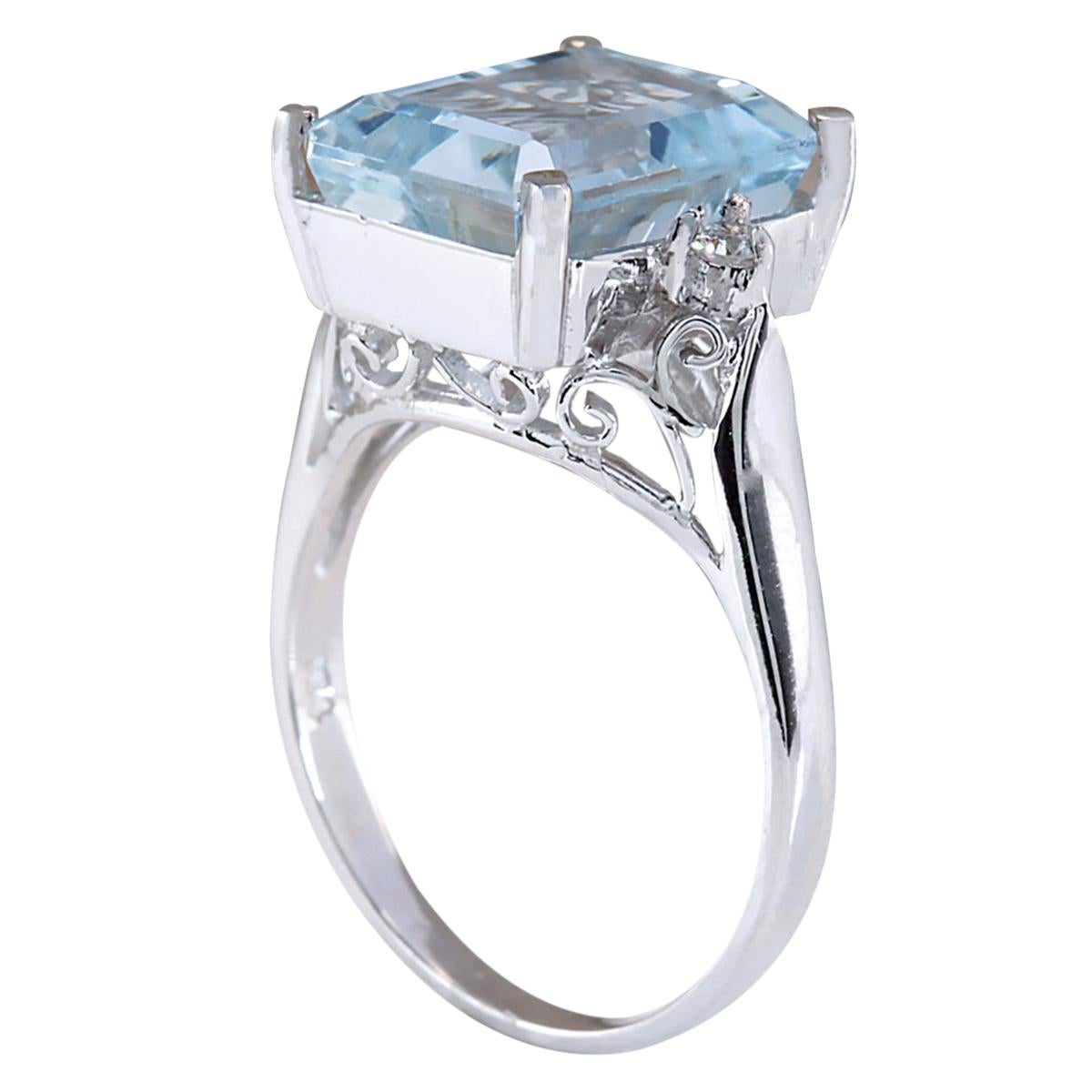 Emerald Cut Natural Aquamarine Diamond Ring In 14 Karat White Gold  For Sale