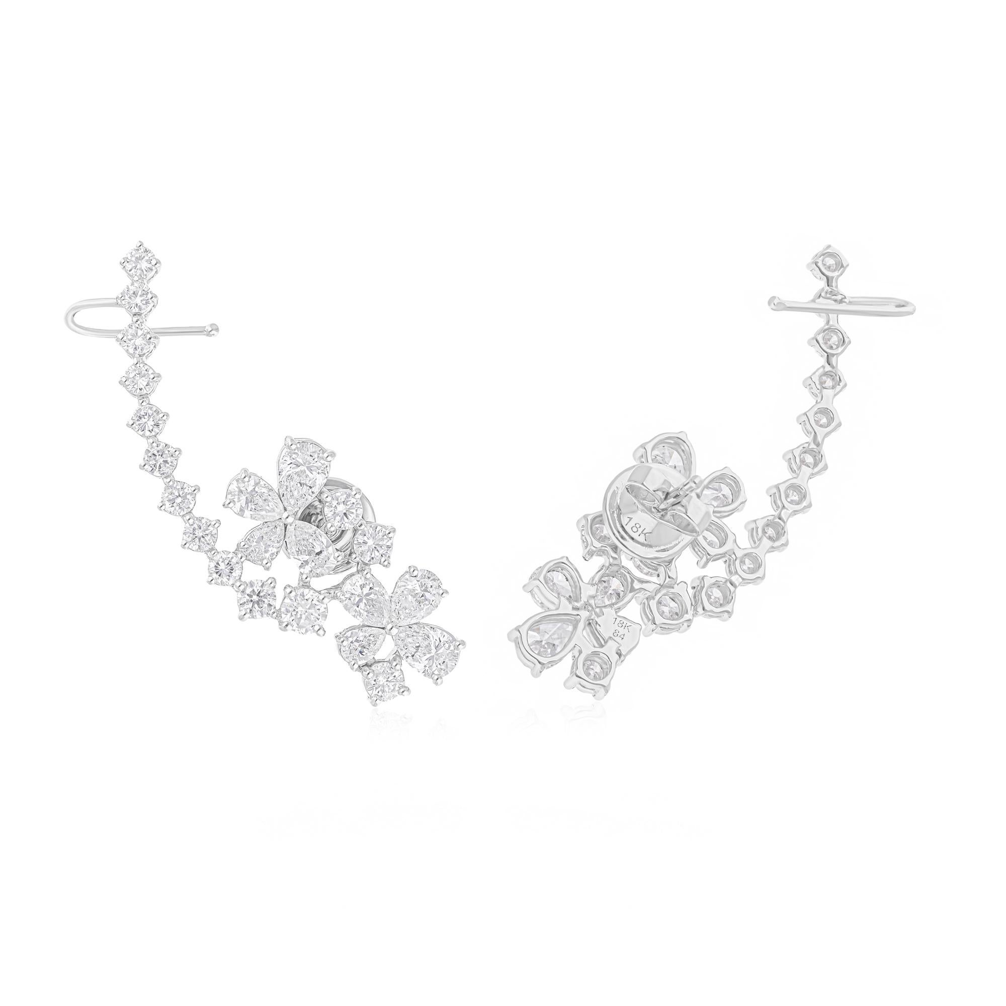 Modern 4.72 Carat SI/H Round Pear Shape Diamond Ear Cuff Earrings 14 Karat White Gold For Sale