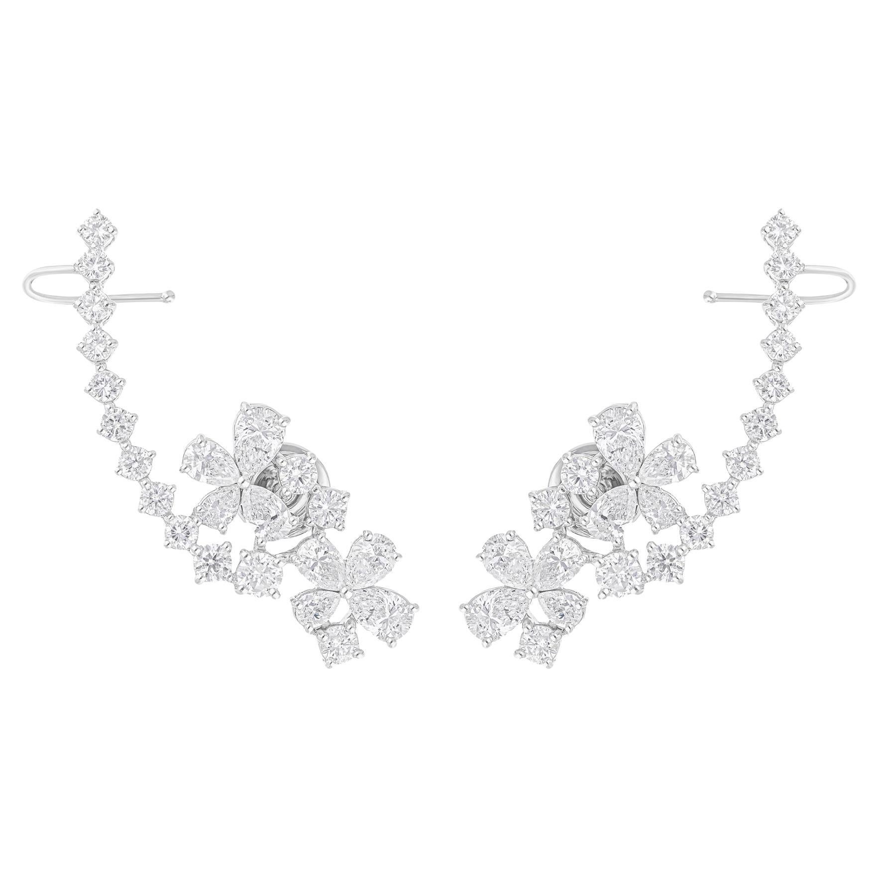 4.72 Carat SI/H Round Pear Shape Diamond Ear Cuff Earrings 18 Karat White Gold For Sale