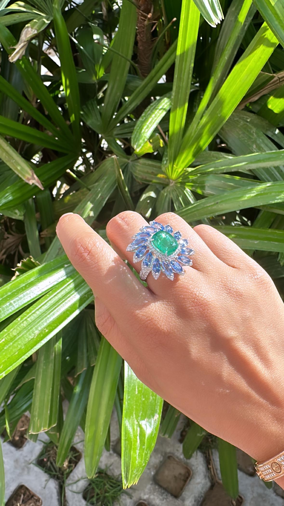 4.72 carats, Zambian Emerald, Blue Sapphires & Diamonds Cocktail Ring 4