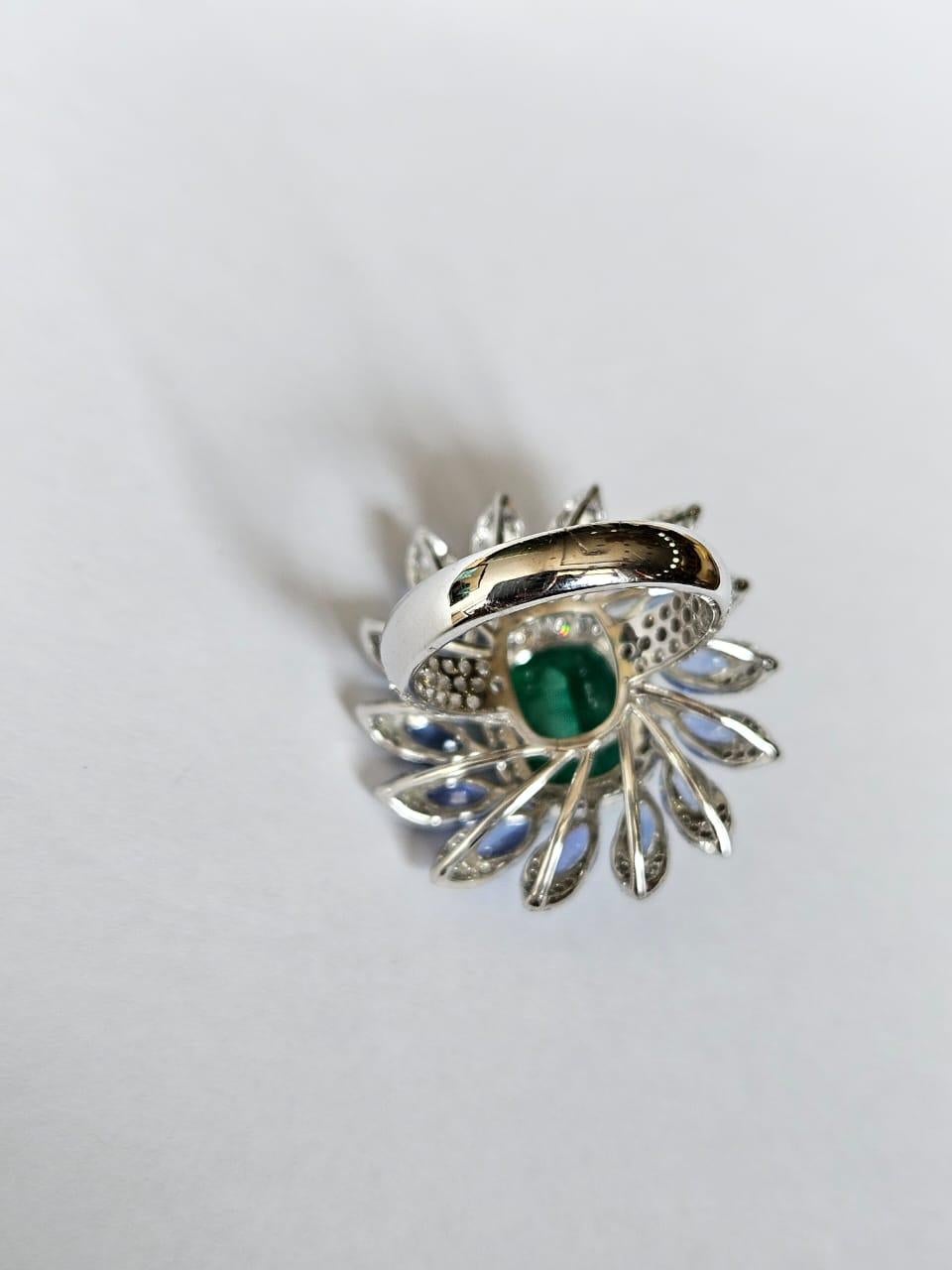Modern 4.72 carats, Zambian Emerald, Blue Sapphires & Diamonds Cocktail Ring