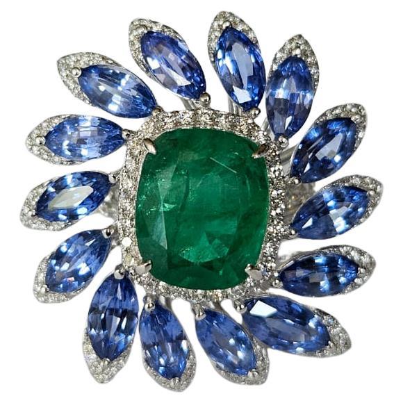 4.72 carats, Zambian Emerald, Blue Sapphires & Diamonds Cocktail Ring