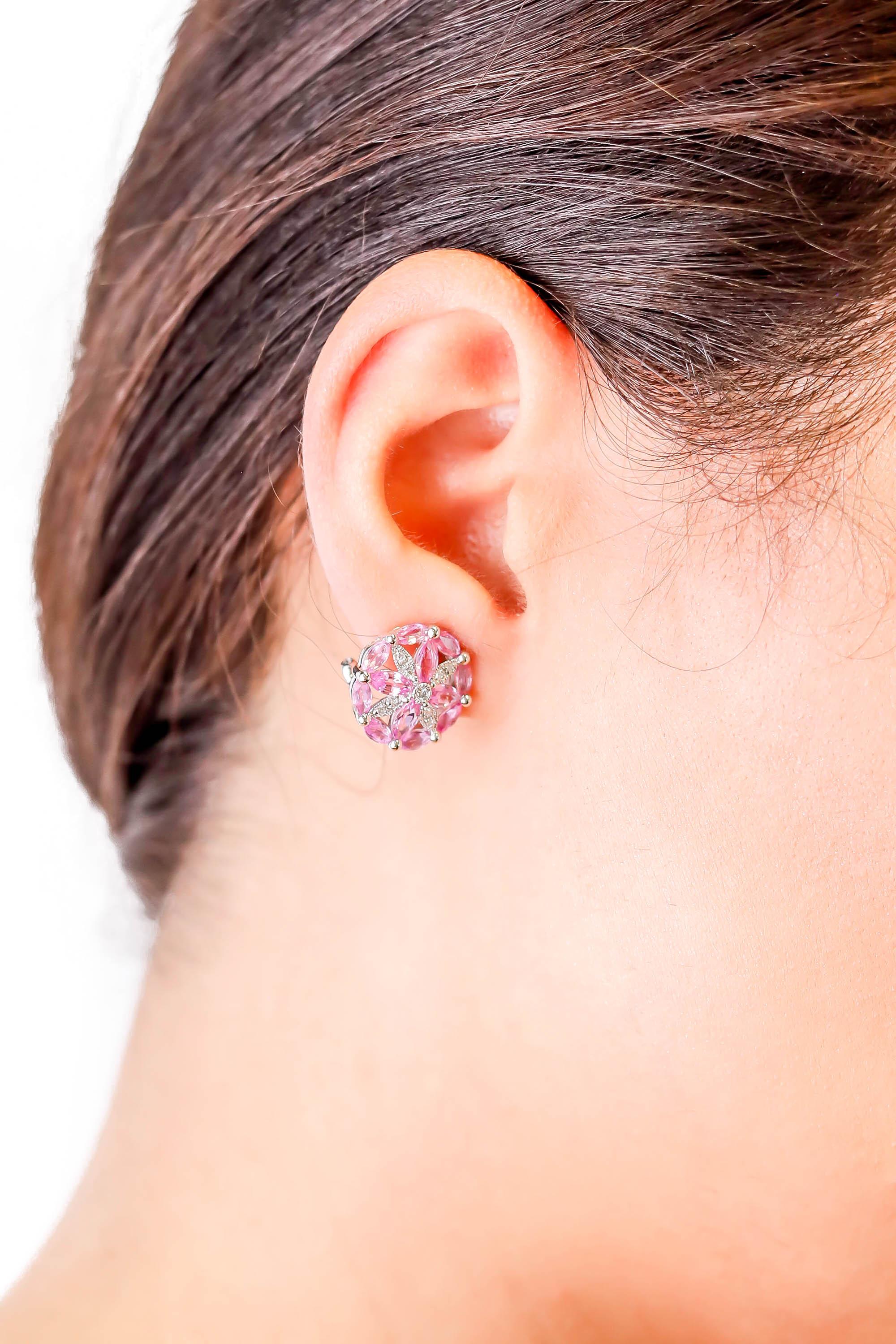 4.72 ct Pink Sapphire and Diamond Accent Flowers Stud Earring in 14k White Gold 3