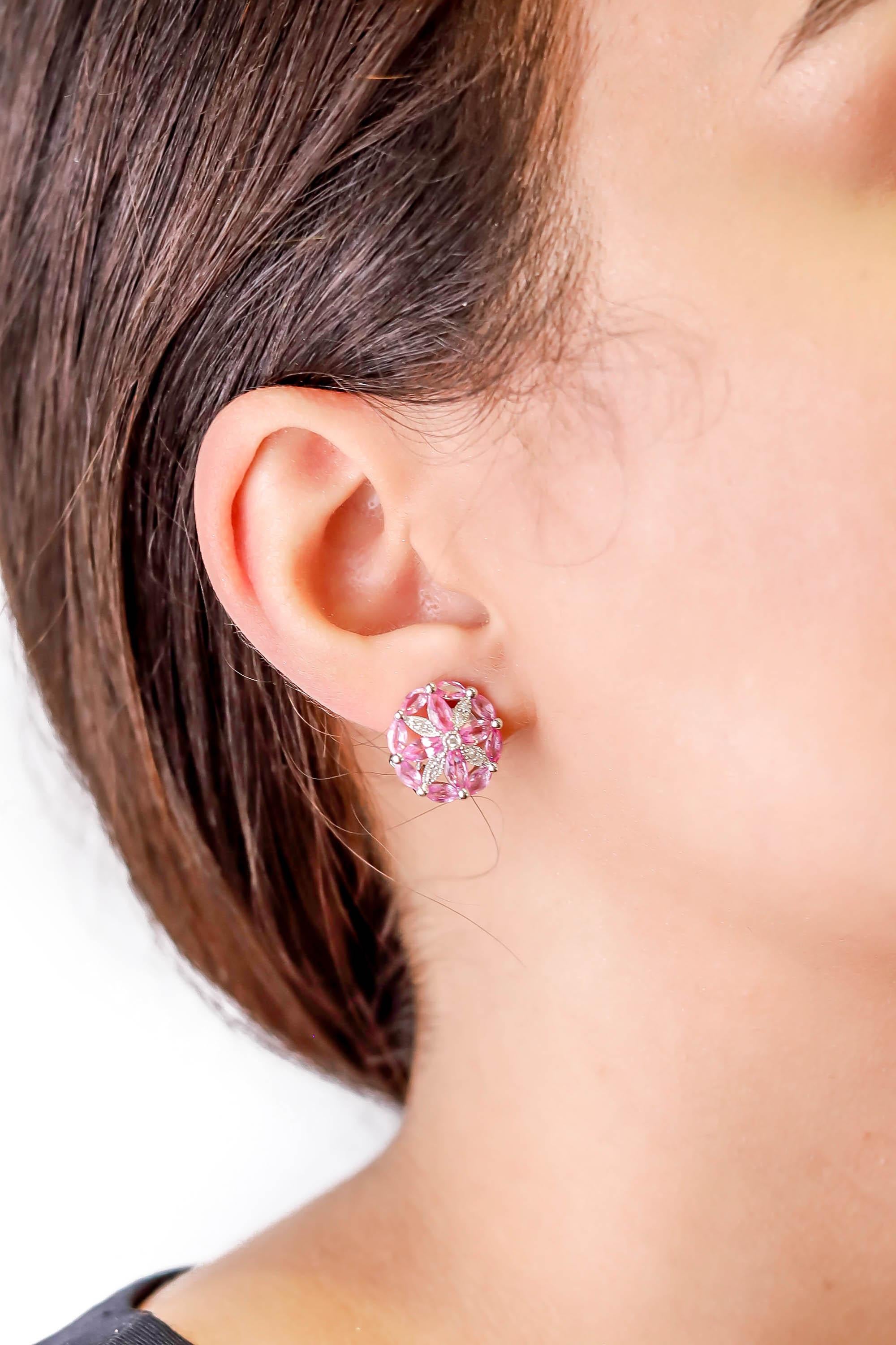 4.72 ct Pink Sapphire and Diamond Accent Flowers Stud Earring in 14k White Gold 1