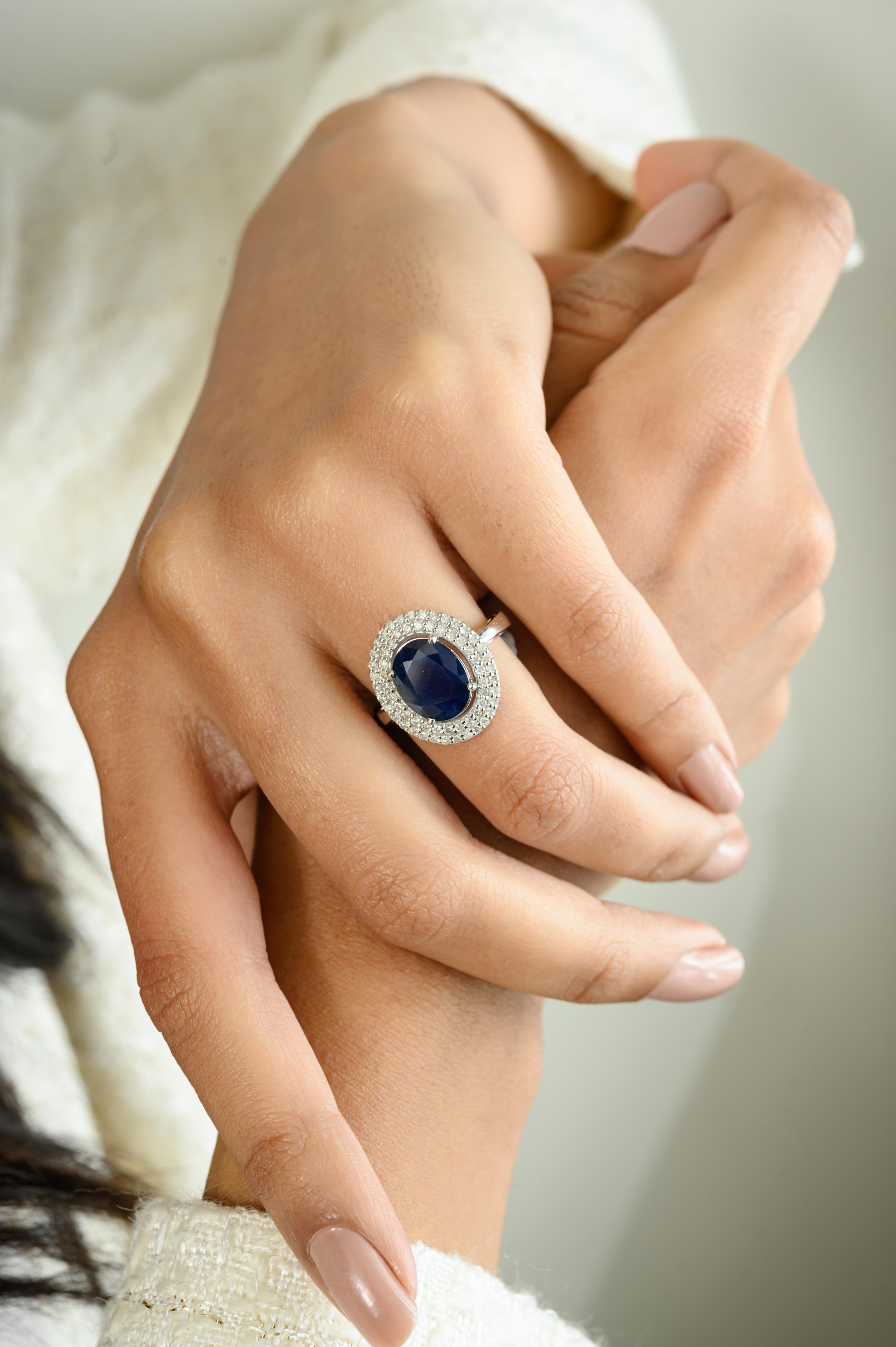 Im Angebot: 4,72 CTW natürlichen blauen Saphir mit Halo-Diamanten Ring in massivem 14k Weißgold () 2