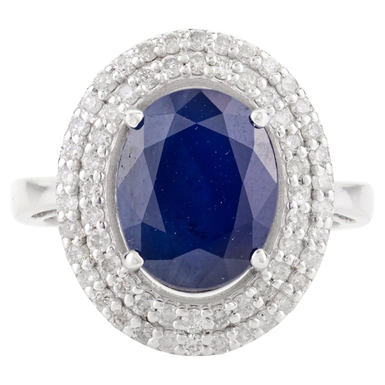 4.72 CTW Natural Blue Sapphire with Halo Diamonds Ring in Solid 14k White Gold