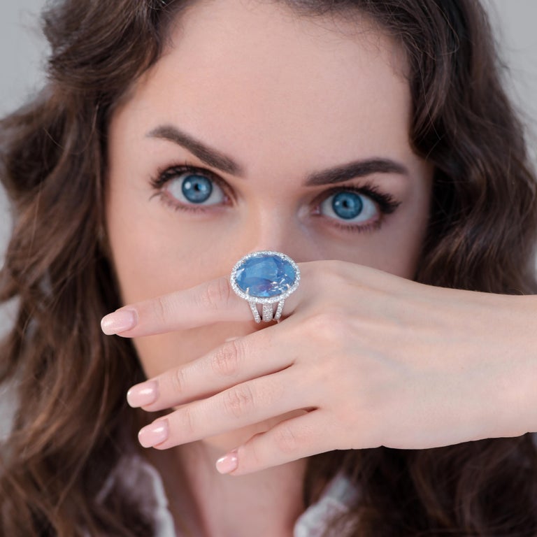 One of a kind ring with beautiful delicate cornflower blue sapphire from limited High Jewellery Galaxy Collection by D&A. 
Spotting a unique Ceylon Blue Sapphire center-stone with Milky Way visual effect, the Galaxy ring endows the power of the