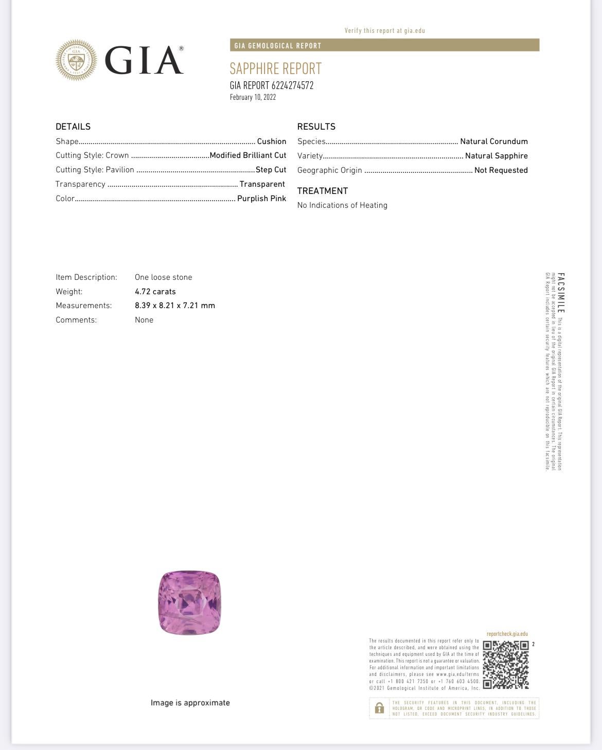 Ring mit 4,72ct unbehandeltem rosa Saphir im Kissenschliff. GIA-zertifiziert. im Zustand „Hervorragend“ im Angebot in Los Angeles, CA