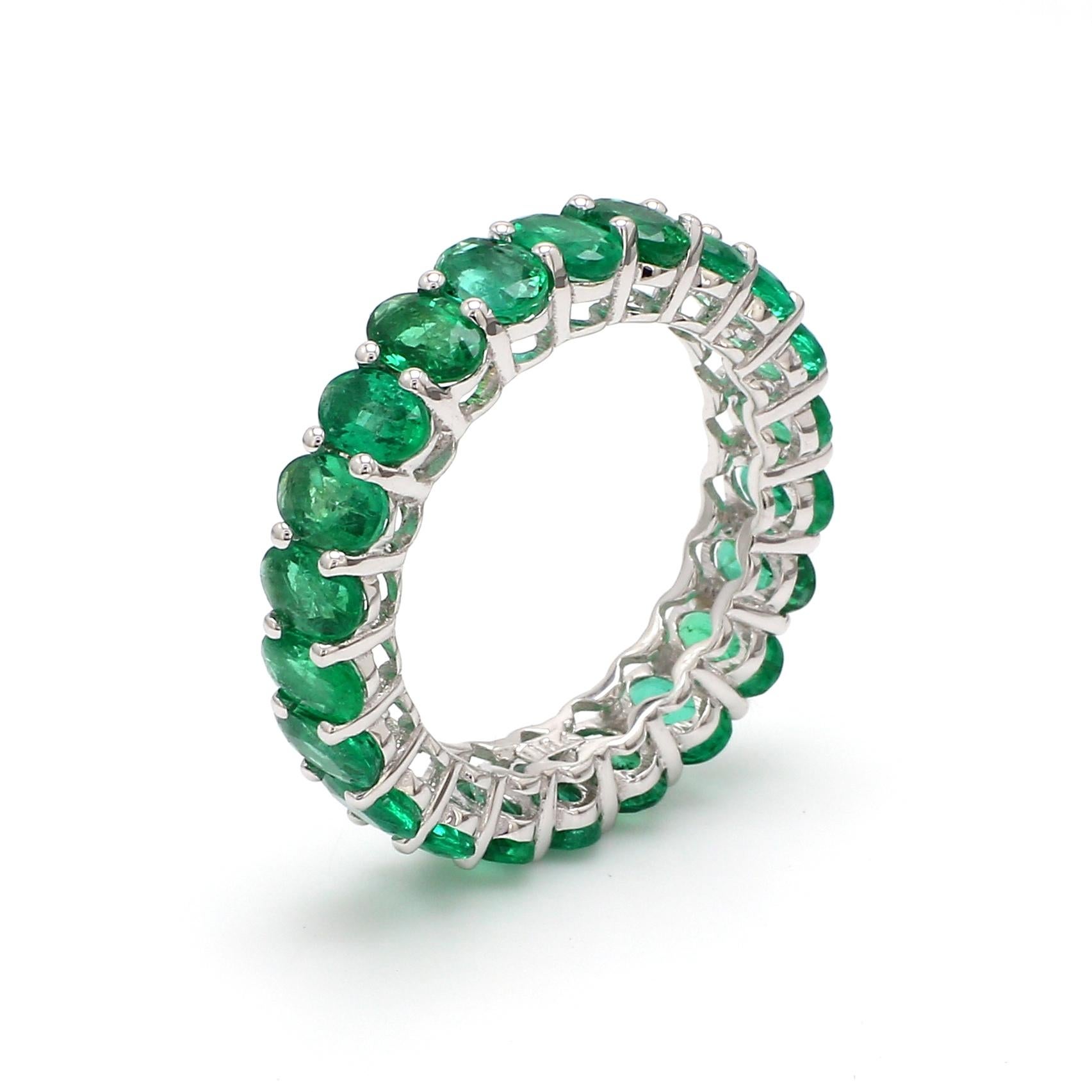 For Sale:  4.72cts Oval Cut Emerald Birthstone Eternity Band Ring in 18k White Gold 4
