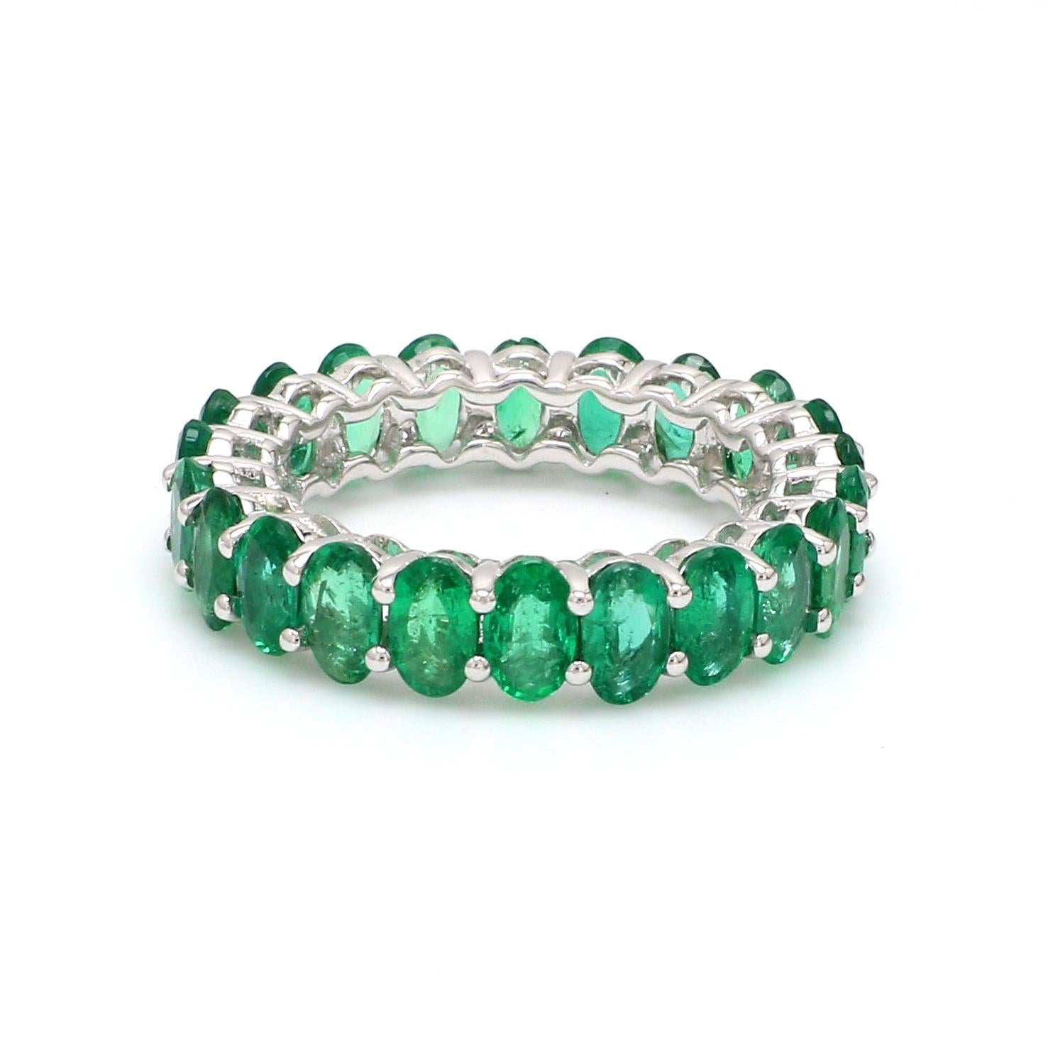 For Sale:  4.72cts Oval Cut Emerald Birthstone Eternity Band Ring in 18k White Gold 5