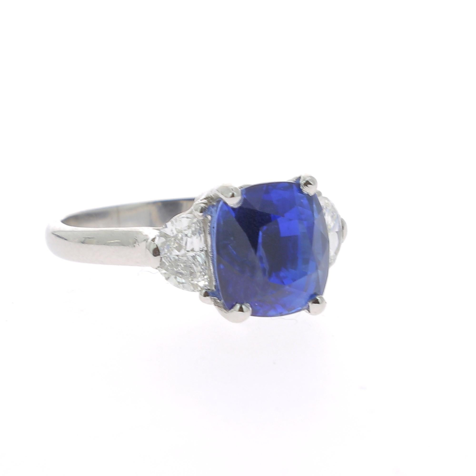 Cushion Cut 4.73 Carat Blue Sapphire Cocktail Ring Set with Half Moon Diamond No Heated