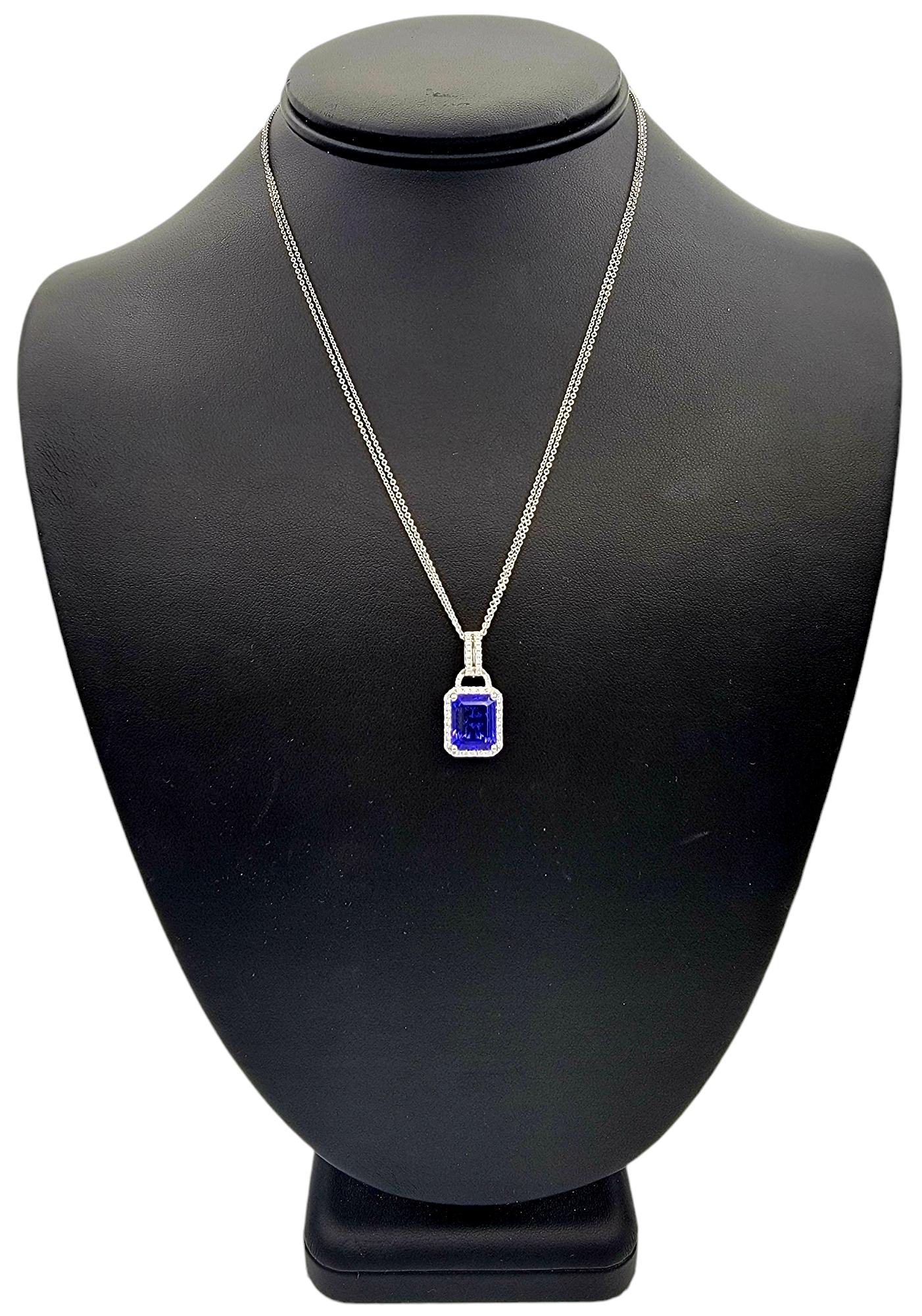 4.73 Carat Emerald Cut Tanzanite & Diamond Halo 18 Karat Gold Pendant Necklace For Sale 5