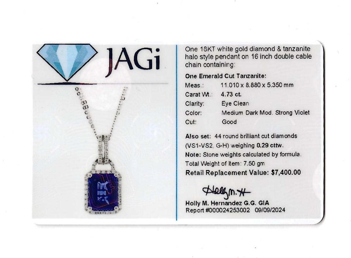 4.73 Carat Emerald Cut Tanzanite & Diamond Halo 18 Karat Gold Pendant Necklace For Sale 6