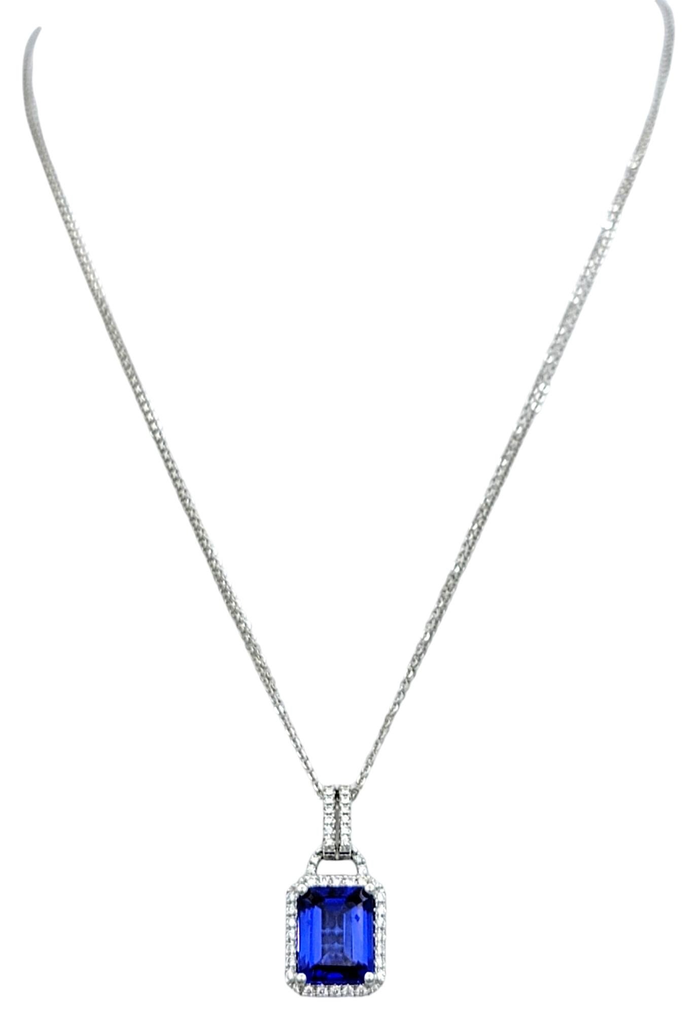 4.73 Carat Emerald Cut Tanzanite & Diamond Halo 18 Karat Gold Pendant Necklace In Good Condition For Sale In Scottsdale, AZ