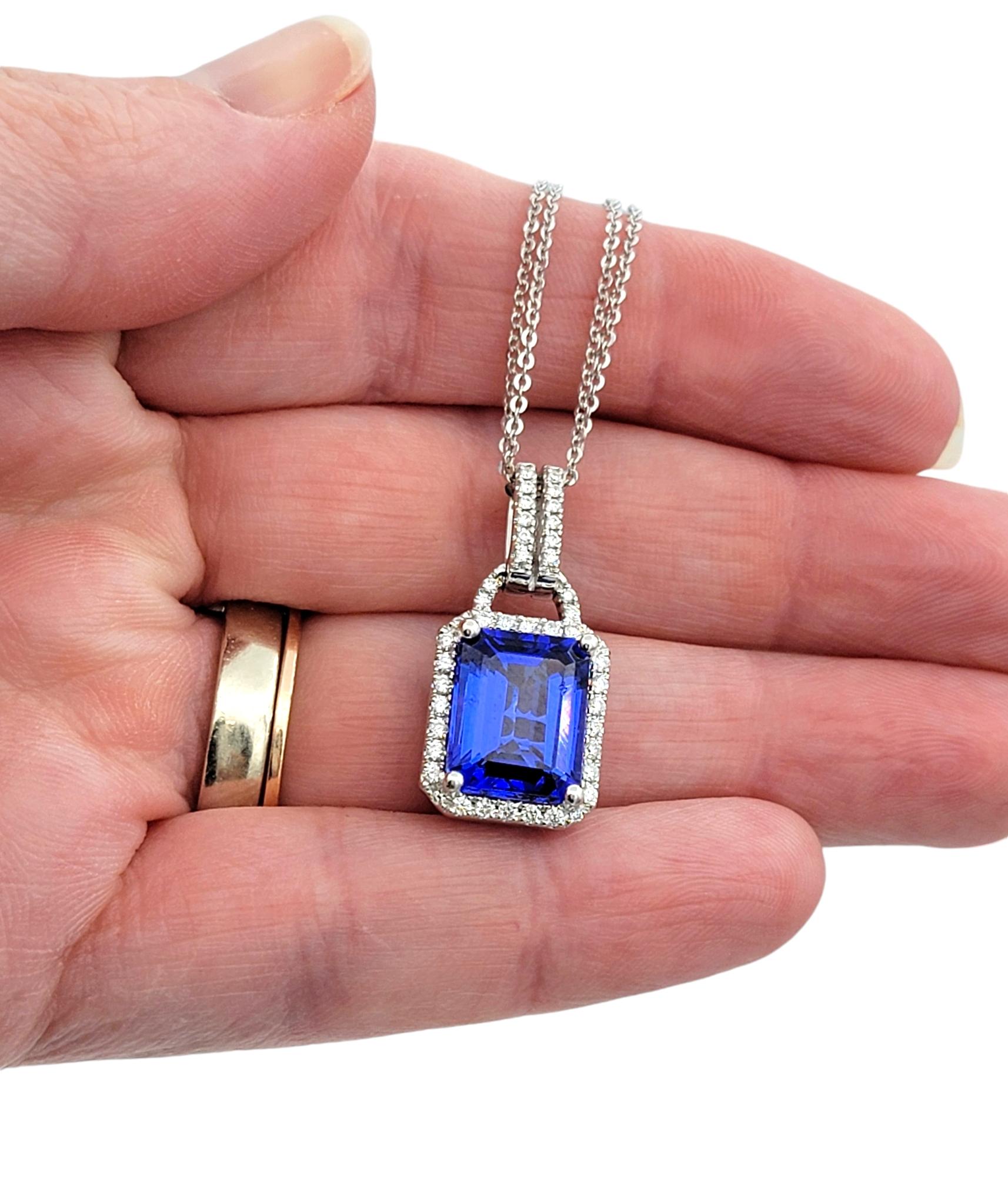 4.73 Carat Emerald Cut Tanzanite & Diamond Halo 18 Karat Gold Pendant Necklace For Sale 4