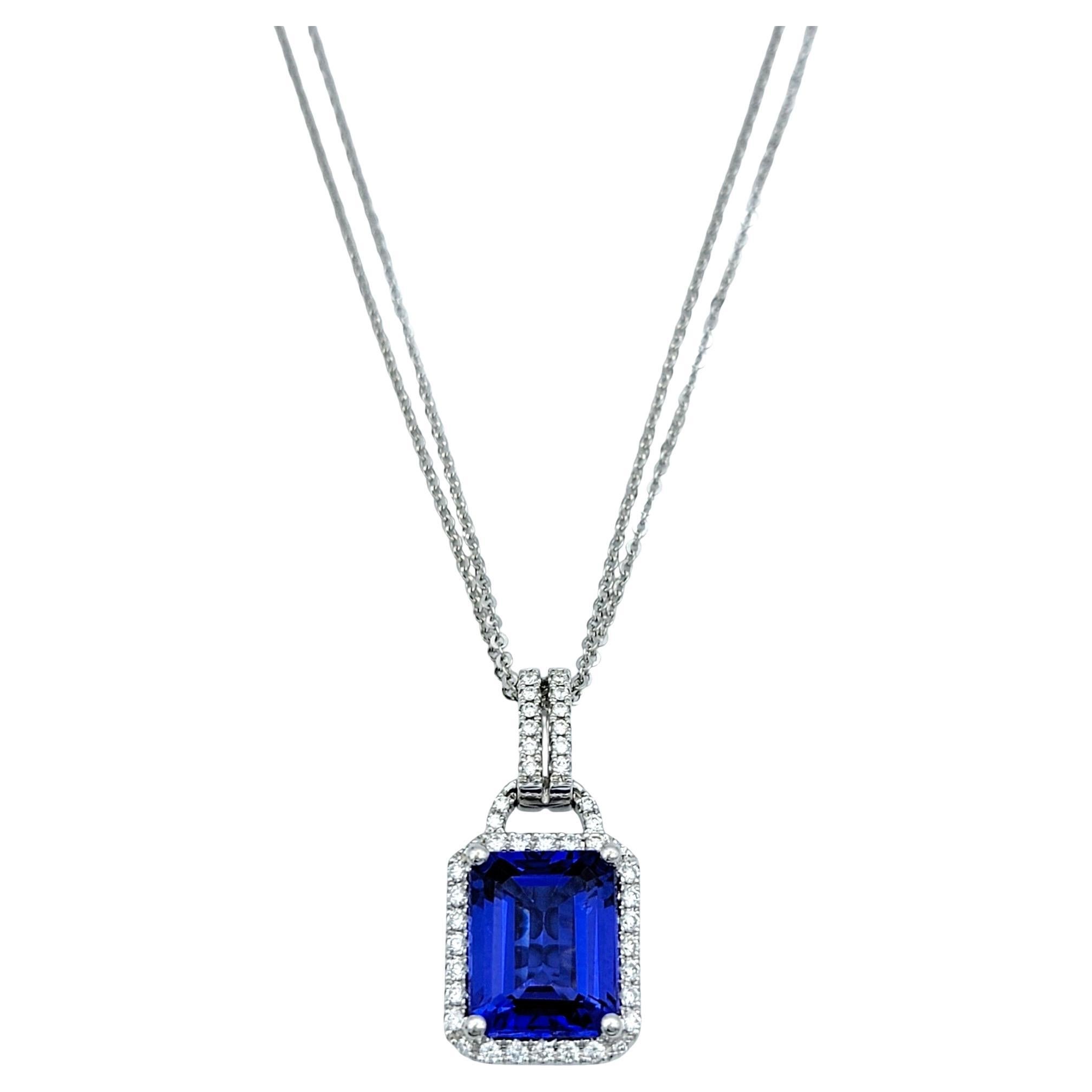 4.73 Carat Emerald Cut Tanzanite & Diamond Halo 18 Karat Gold Pendant Necklace For Sale
