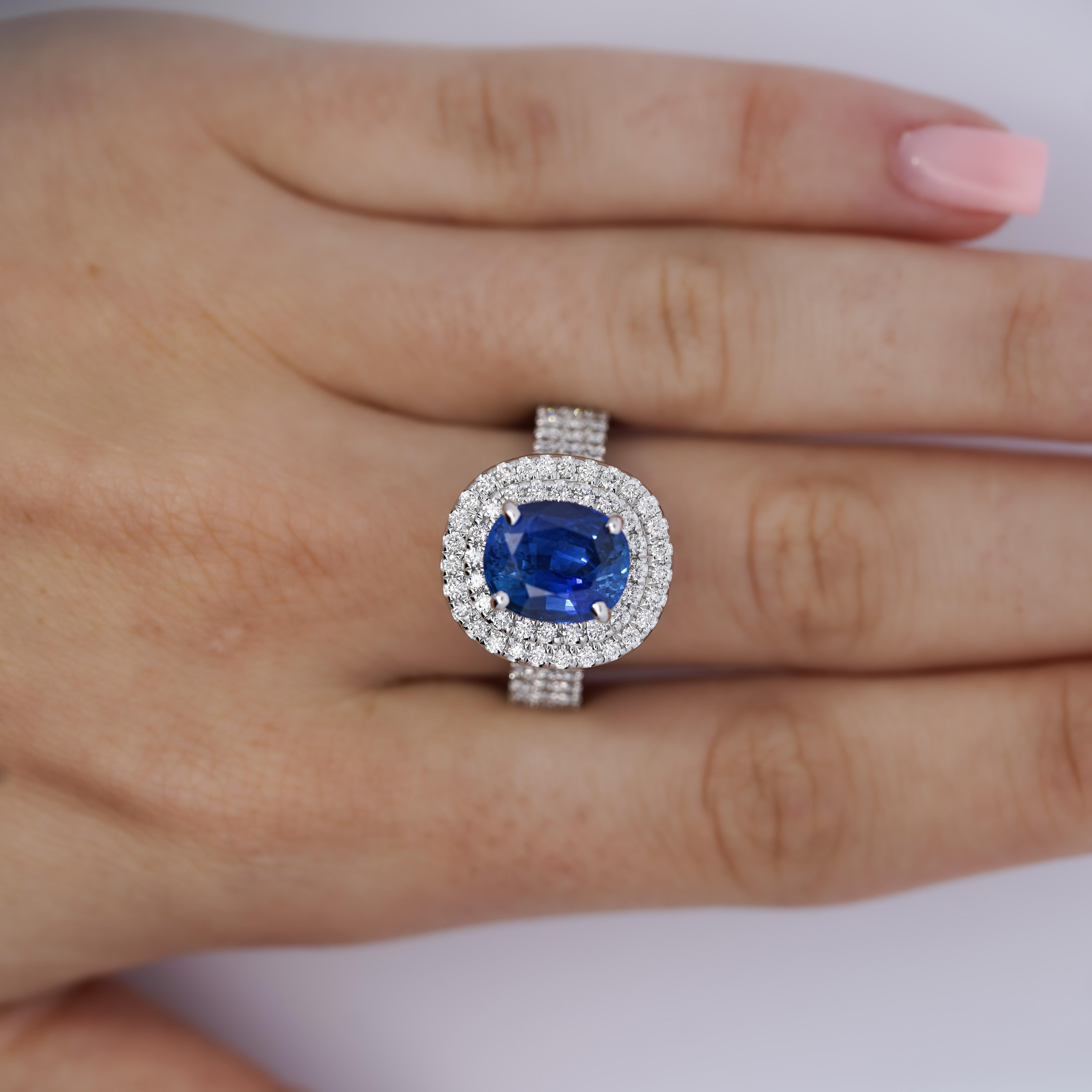 Oval Cut 4.73 Carat GRS Certified Oval Blue Sapphire & Double Diamond Halo Ring