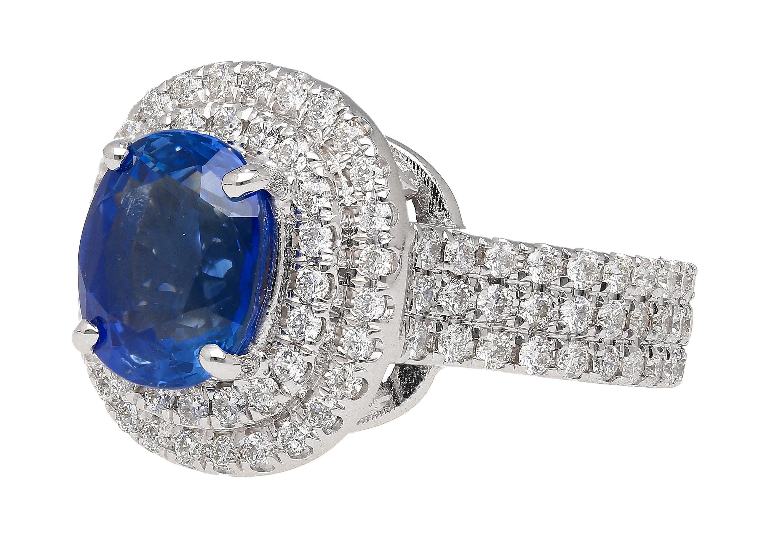 4.73 Carat GRS Certified Oval Blue Sapphire & Double Diamond Halo Ring In New Condition In Miami, FL