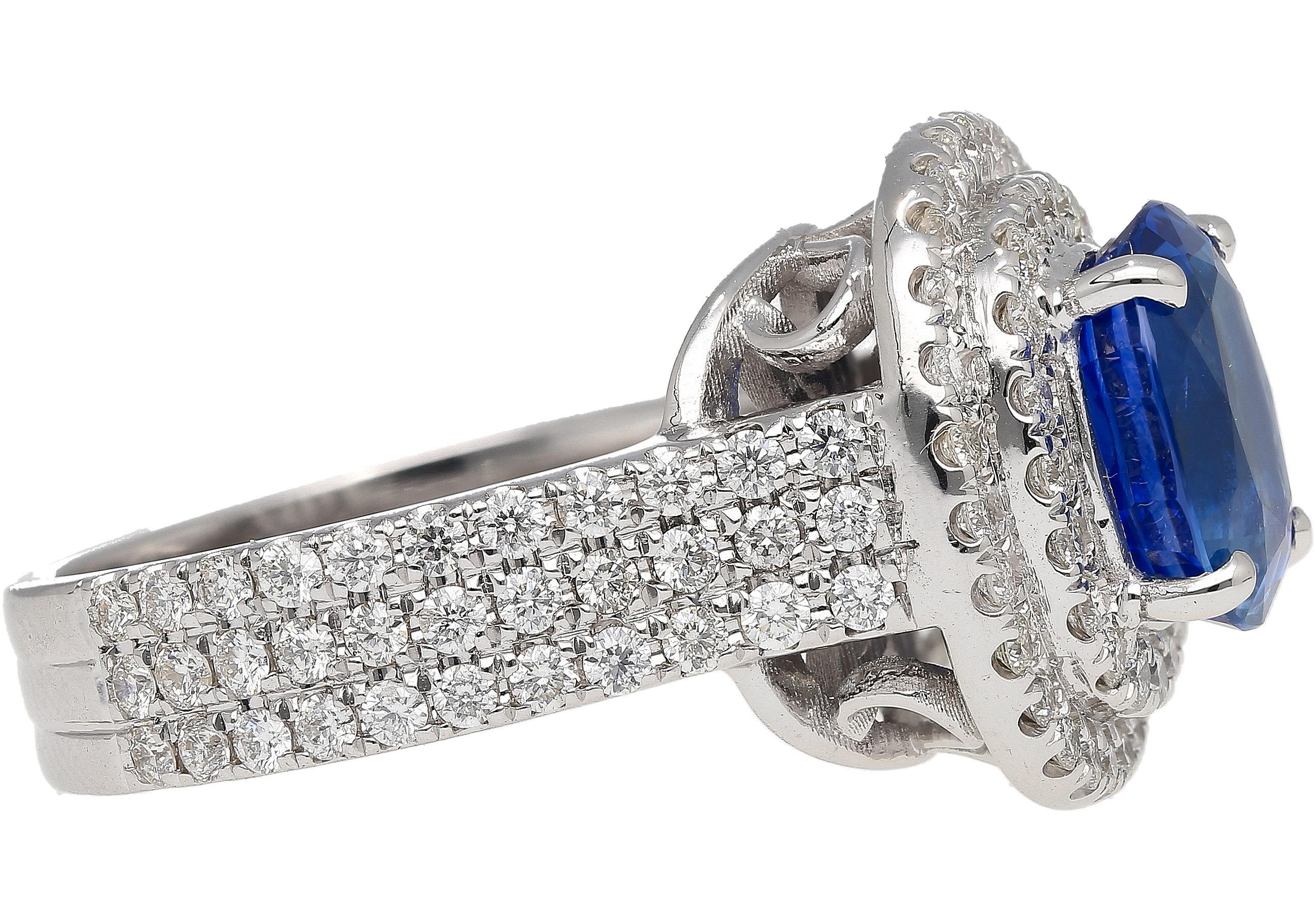 Women's 4.73 Carat GRS Certified Oval Blue Sapphire & Double Diamond Halo Ring