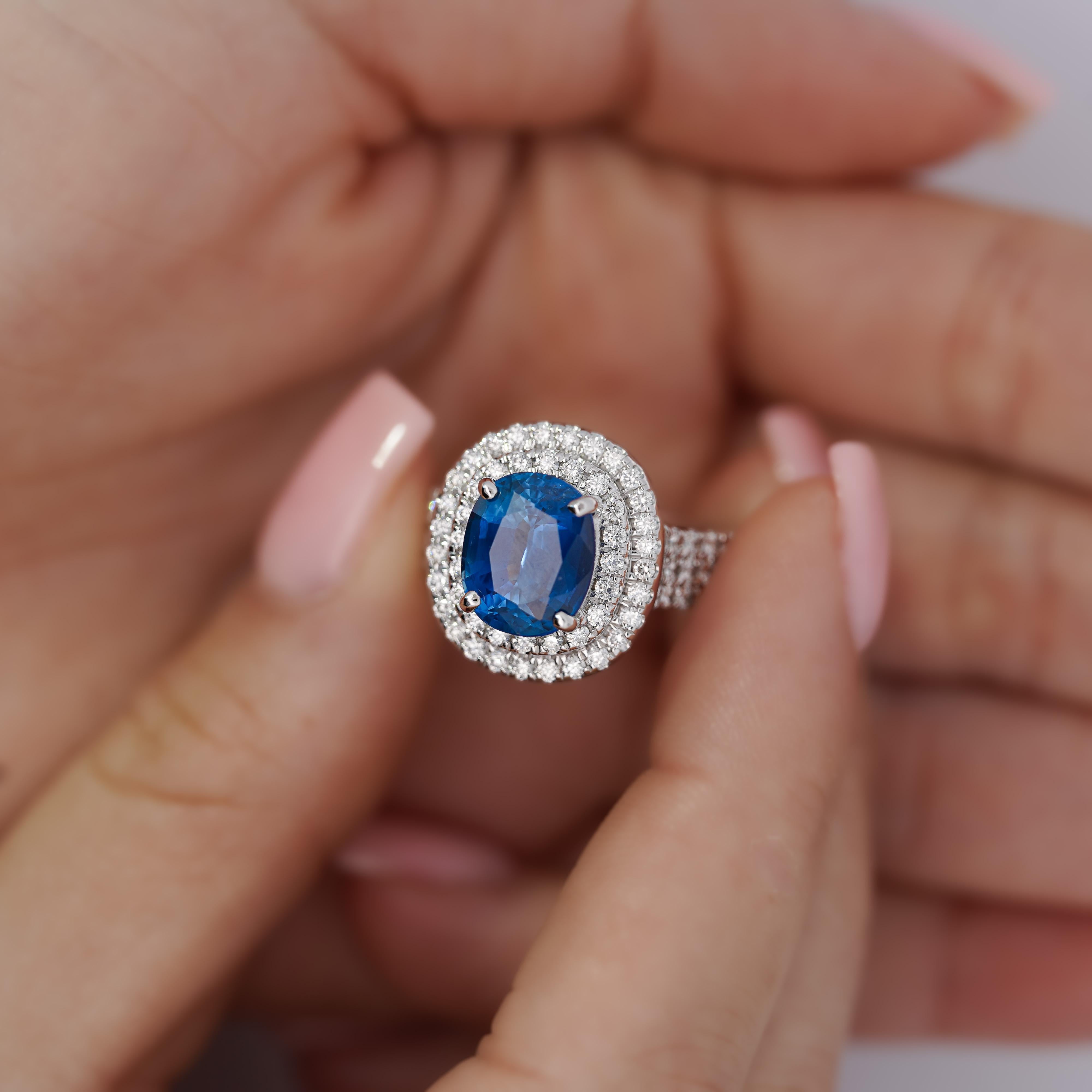 4.73 Carat GRS Certified Oval Blue Sapphire & Double Diamond Halo Ring 1