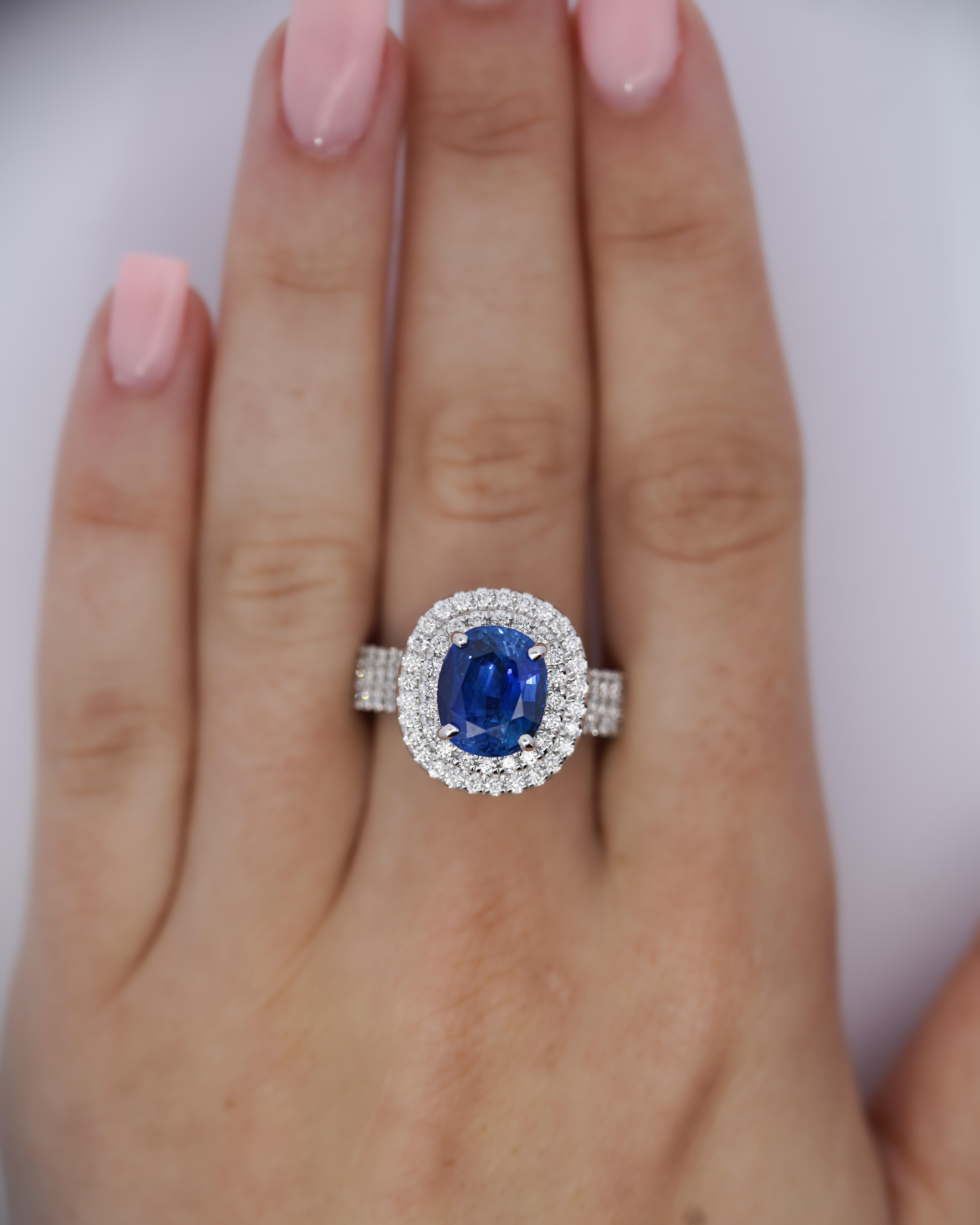 4.73 Carat GRS Certified Oval Blue Sapphire & Double Diamond Halo Ring 2