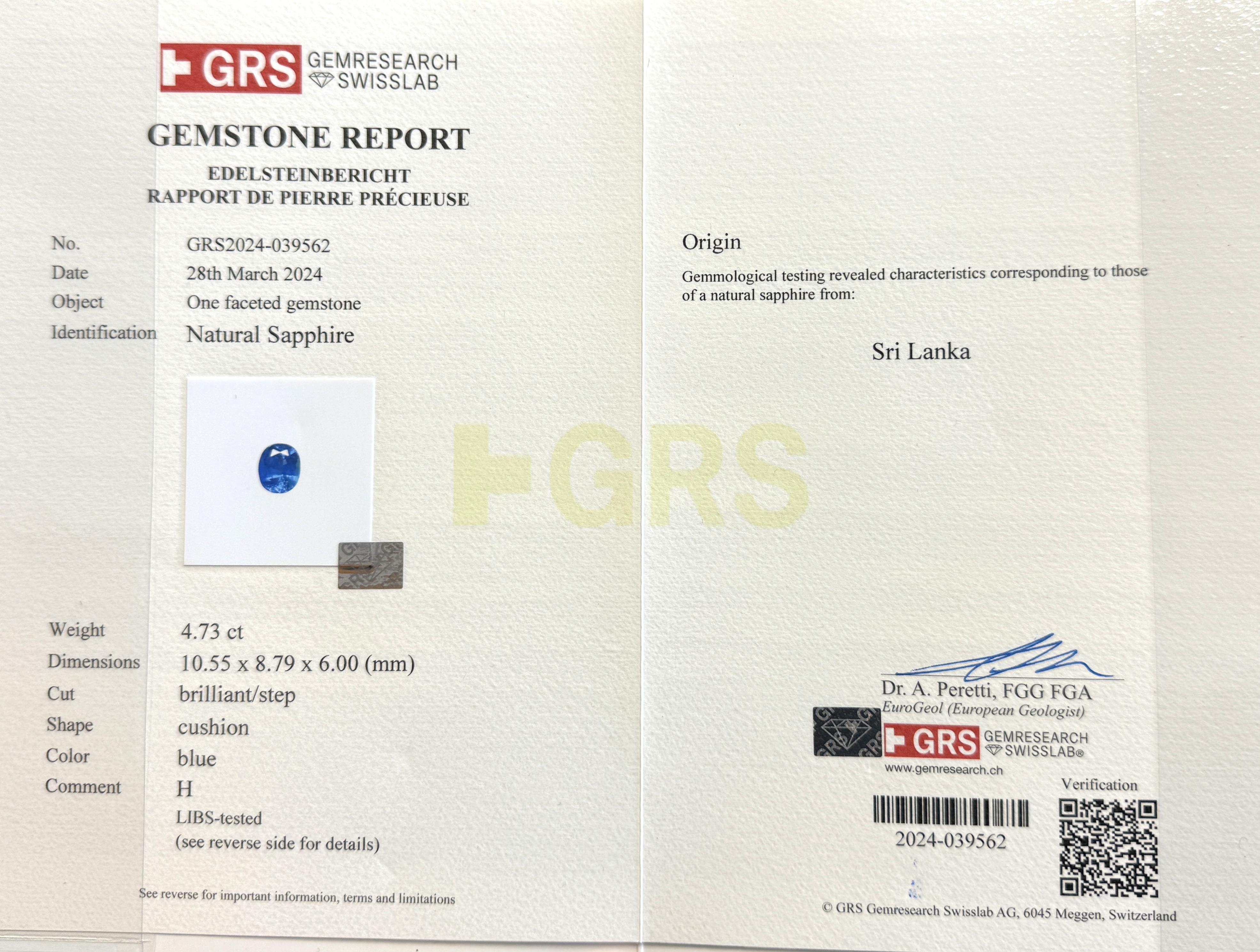 Anello con zaffiro blu ovale e doppio diamante da 4,73 carati certificati GRS in vendita 3
