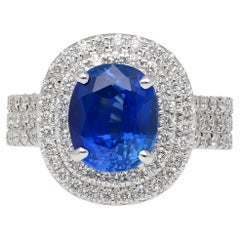 4.73 Carat GRS Certified Oval Blue Sapphire & Double Diamond Halo Ring
