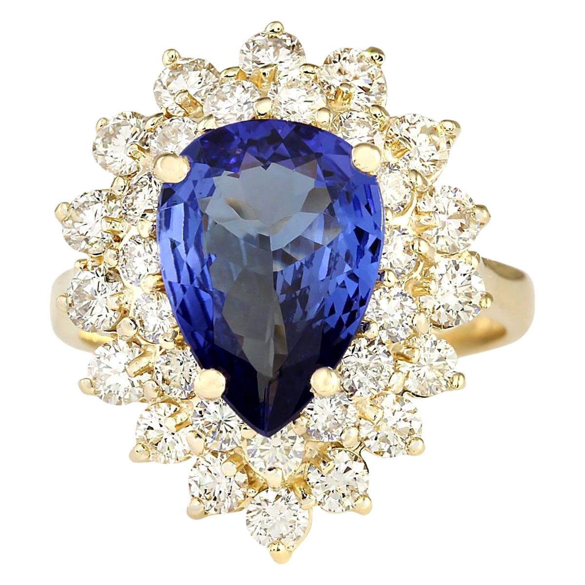 Exquisite Natural Tanzanite Diamond Ring In 14 Karat Yellow Gold  For Sale