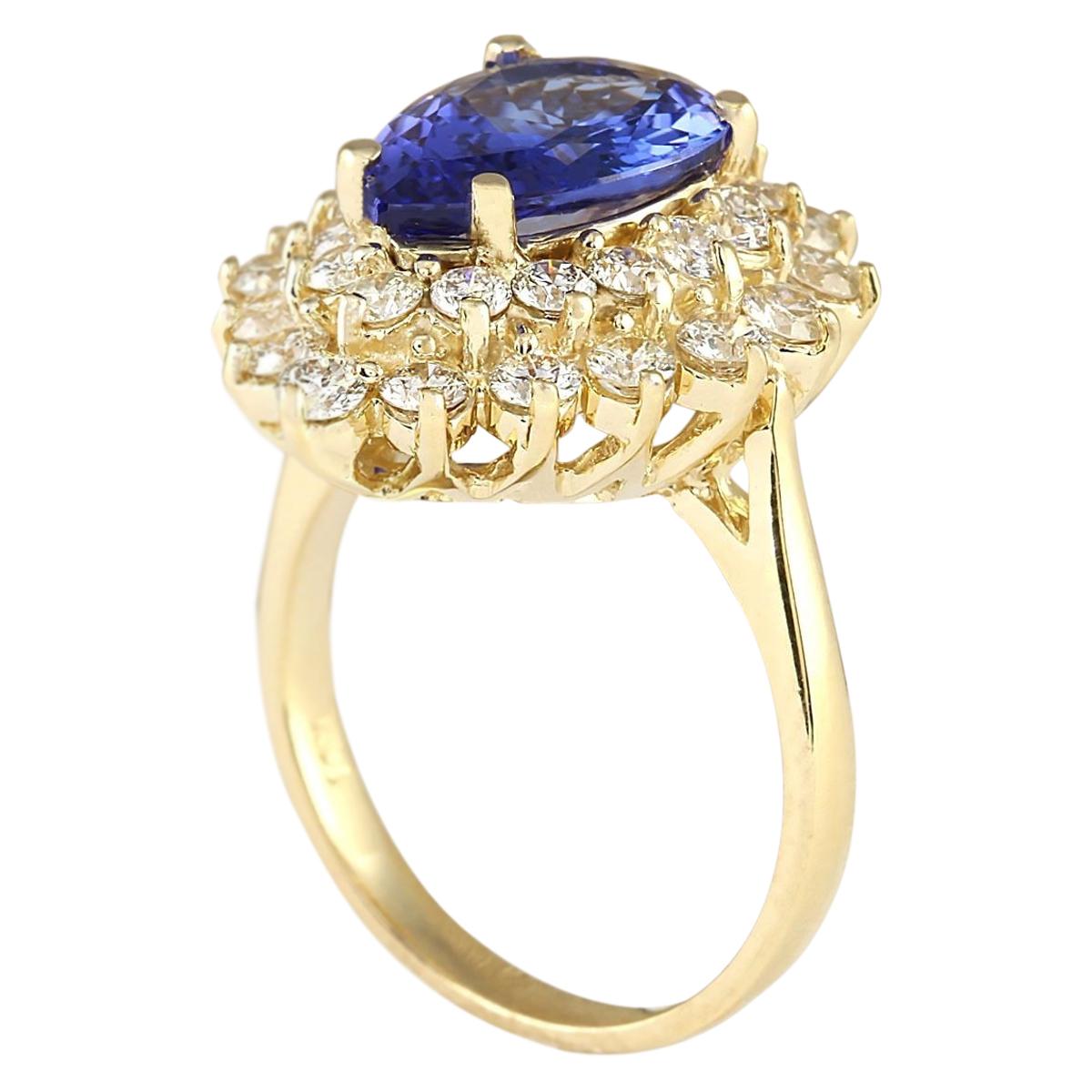 Modern Exquisite Natural Tanzanite Diamond Ring In 14 Karat Yellow Gold  For Sale