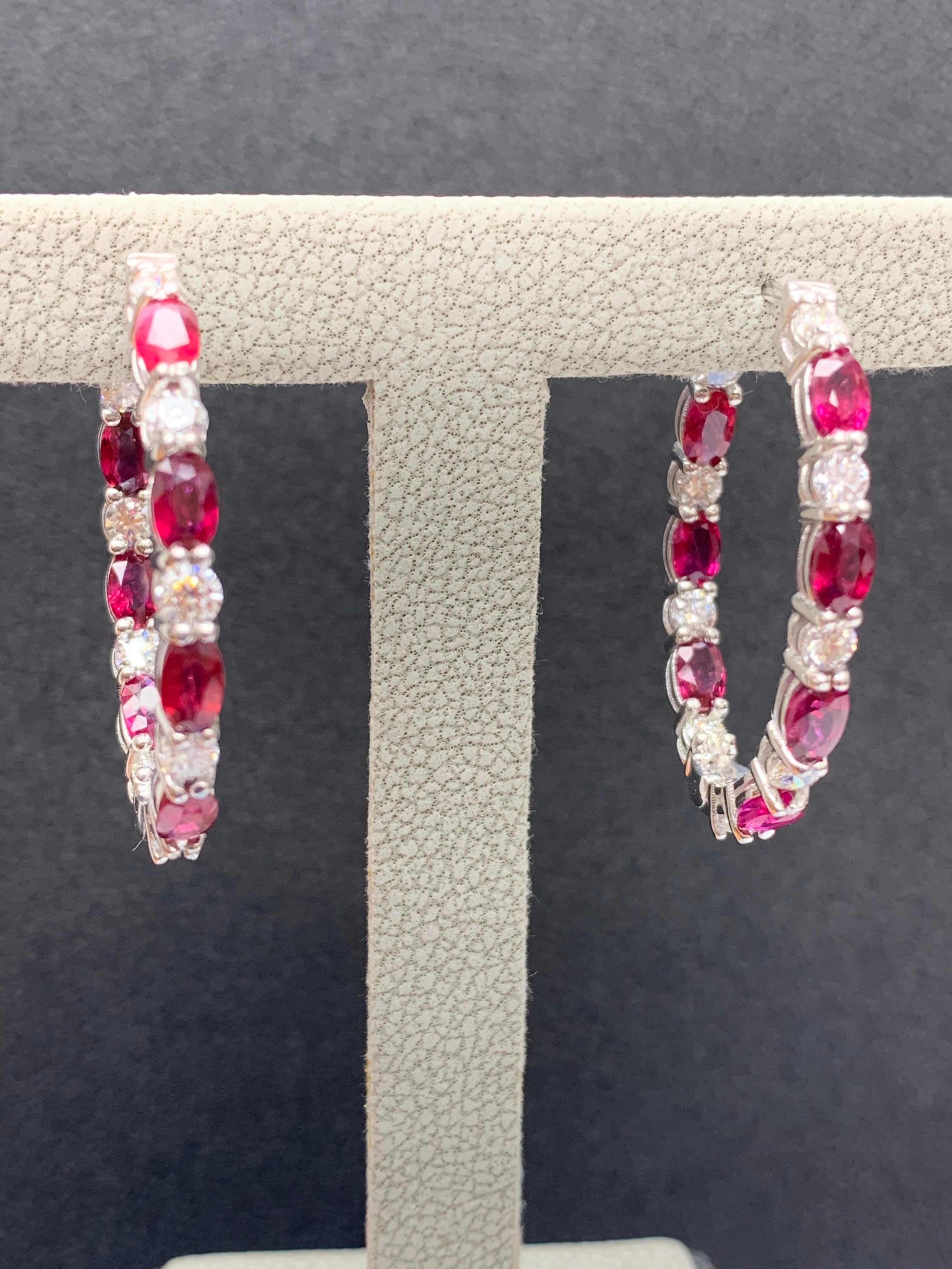 4.73 Carat Oval Cut Ruby and Diamond Hoop Earrings in 14K White Gold For Sale 6