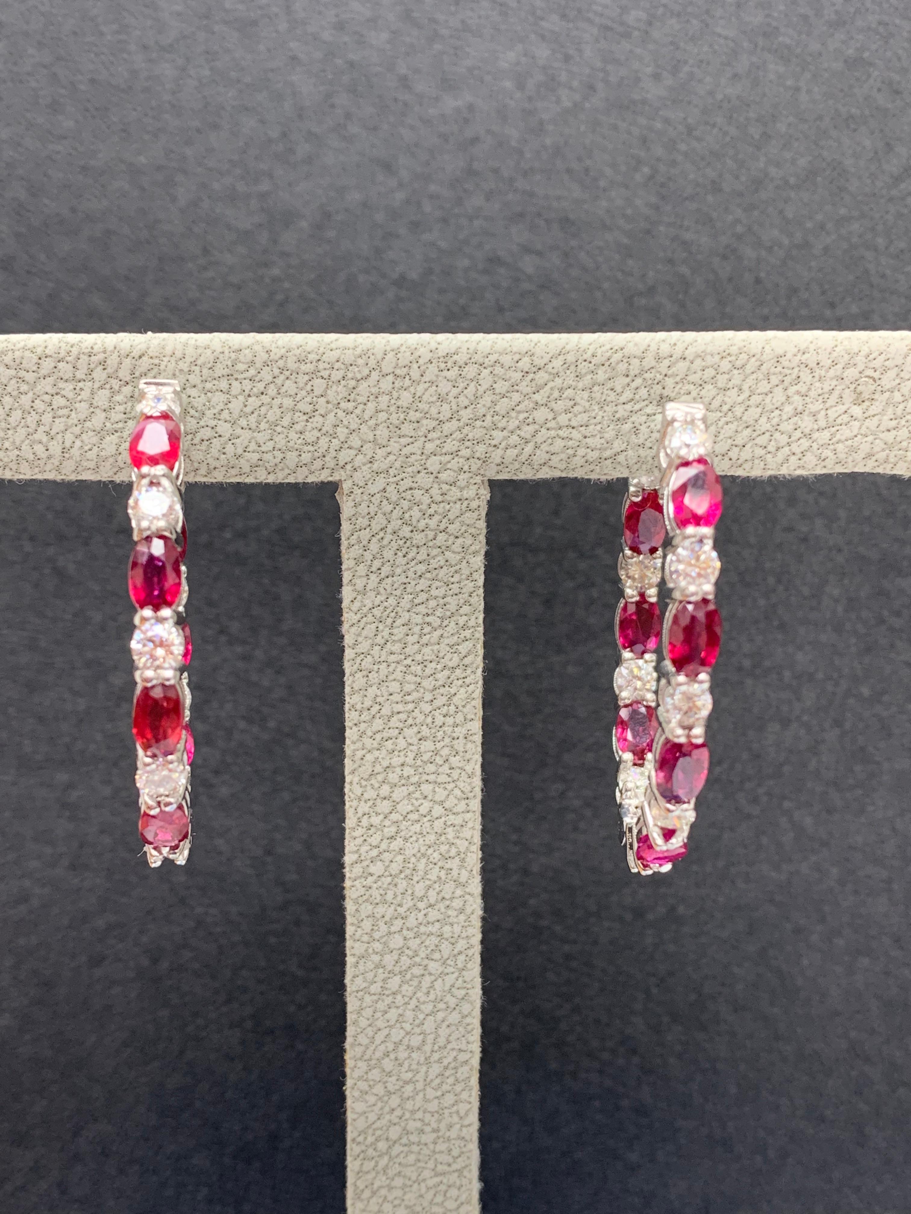 4.73 Carat Oval Cut Ruby and Diamond Hoop Earrings in 14K White Gold For Sale 7