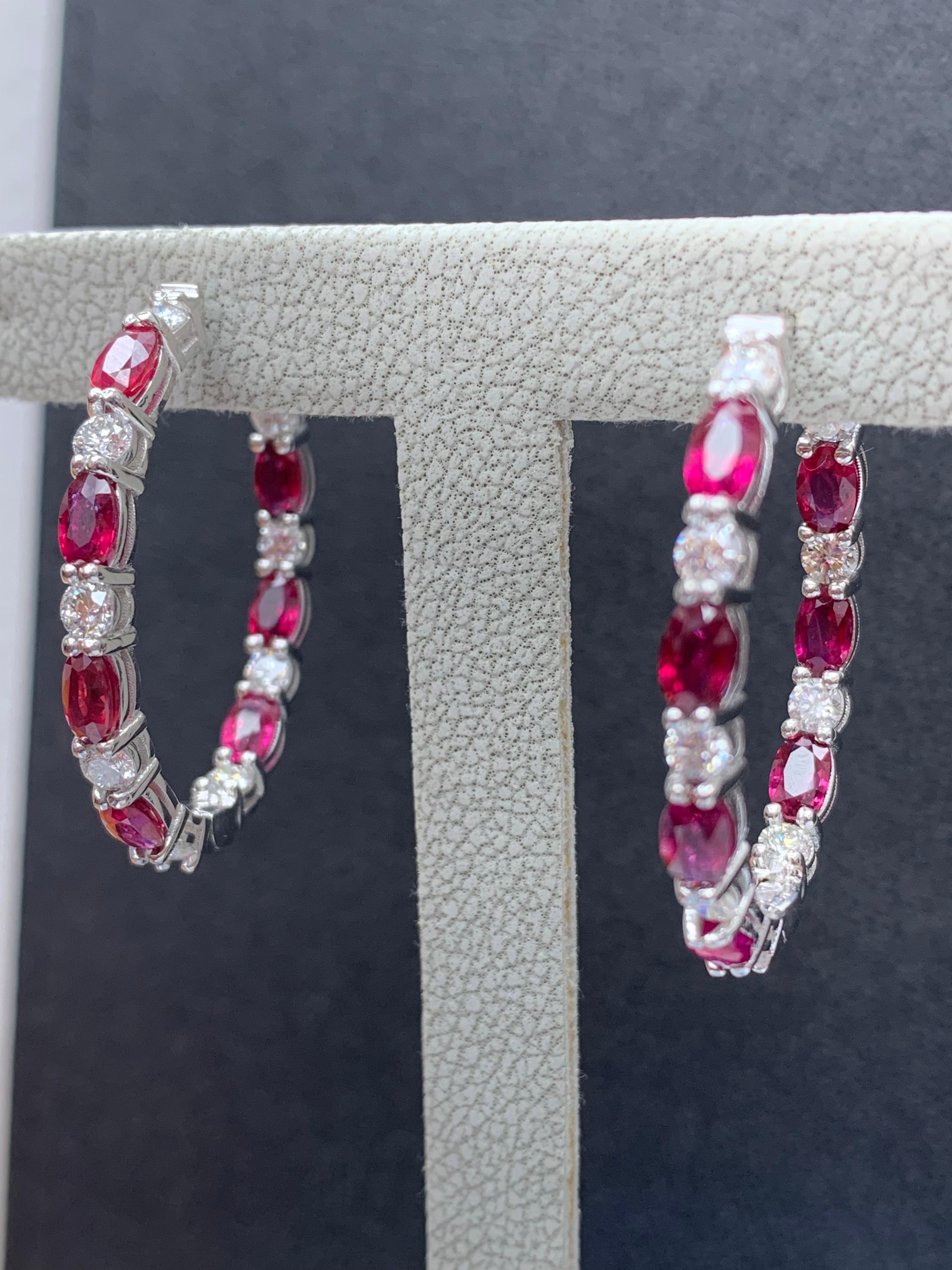 4.73 Carat Oval Cut Ruby and Diamond Hoop Earrings in 14K White Gold For Sale 8