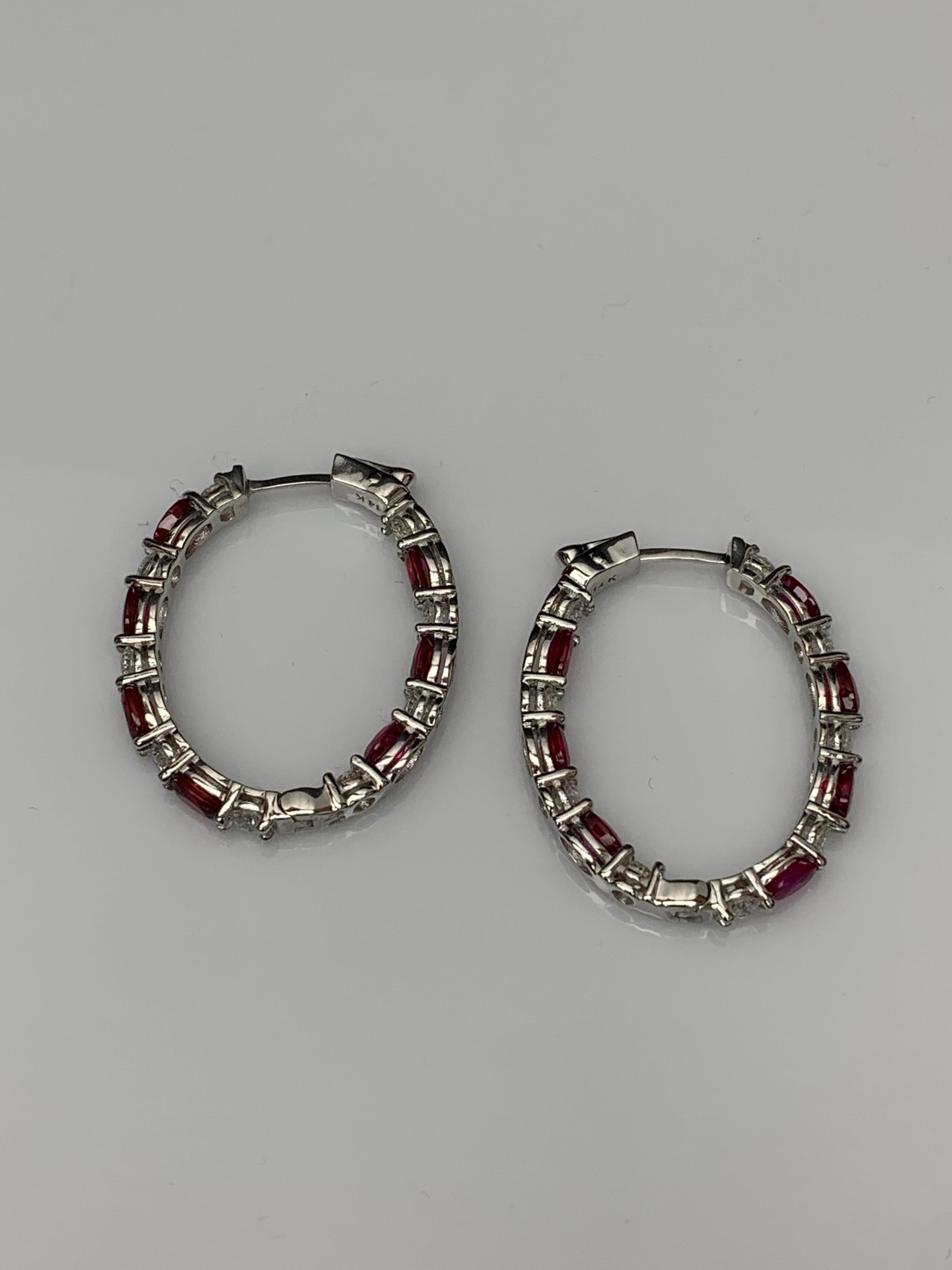 4.73 Carat Oval Cut Ruby and Diamond Hoop Earrings in 14K White Gold For Sale 9