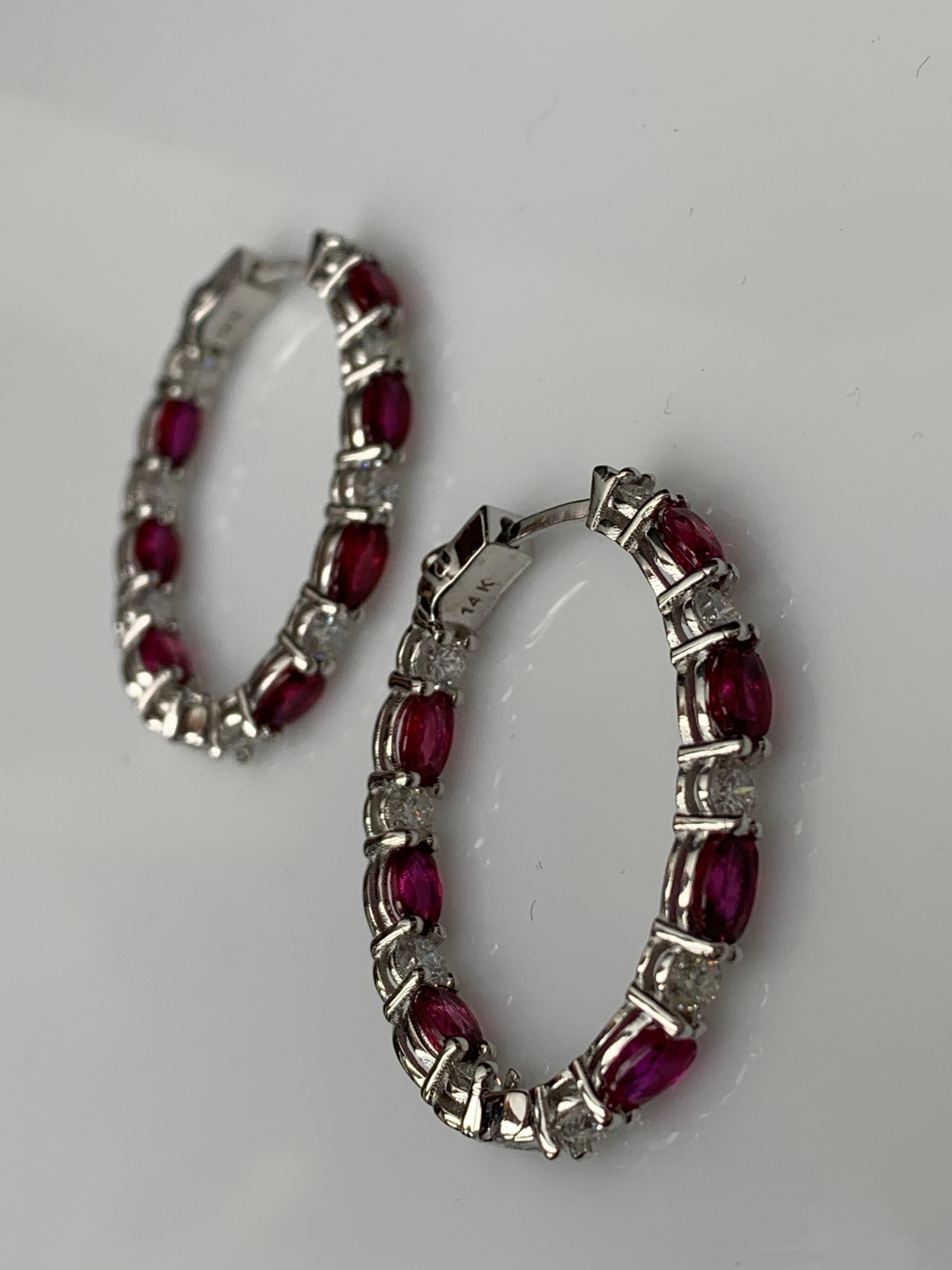 4.73 Carat Oval Cut Ruby and Diamond Hoop Earrings in 14K White Gold For Sale 10