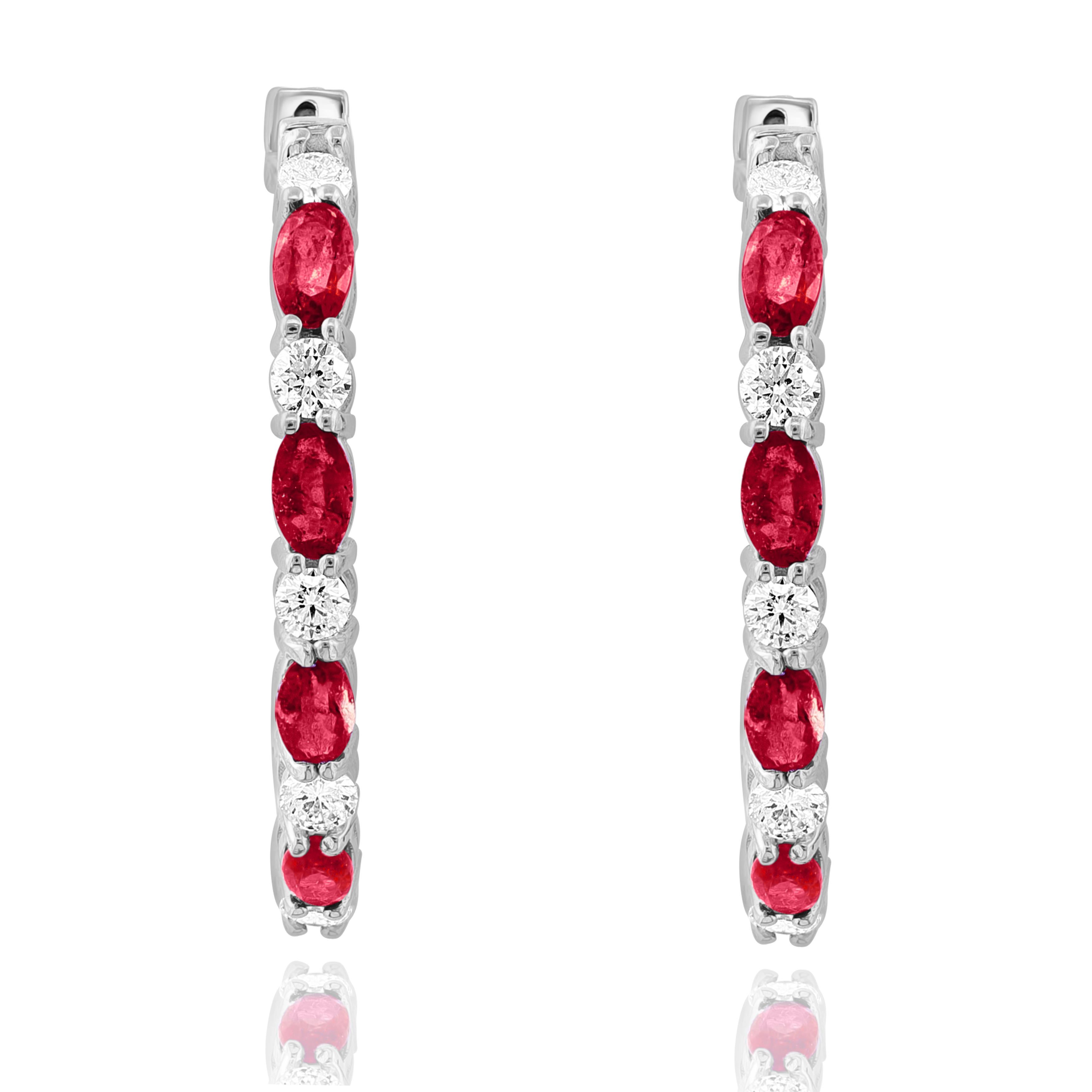 Contemporary 4.73 Carat Oval Cut Ruby and Diamond Hoop Earrings in 14K White Gold For Sale