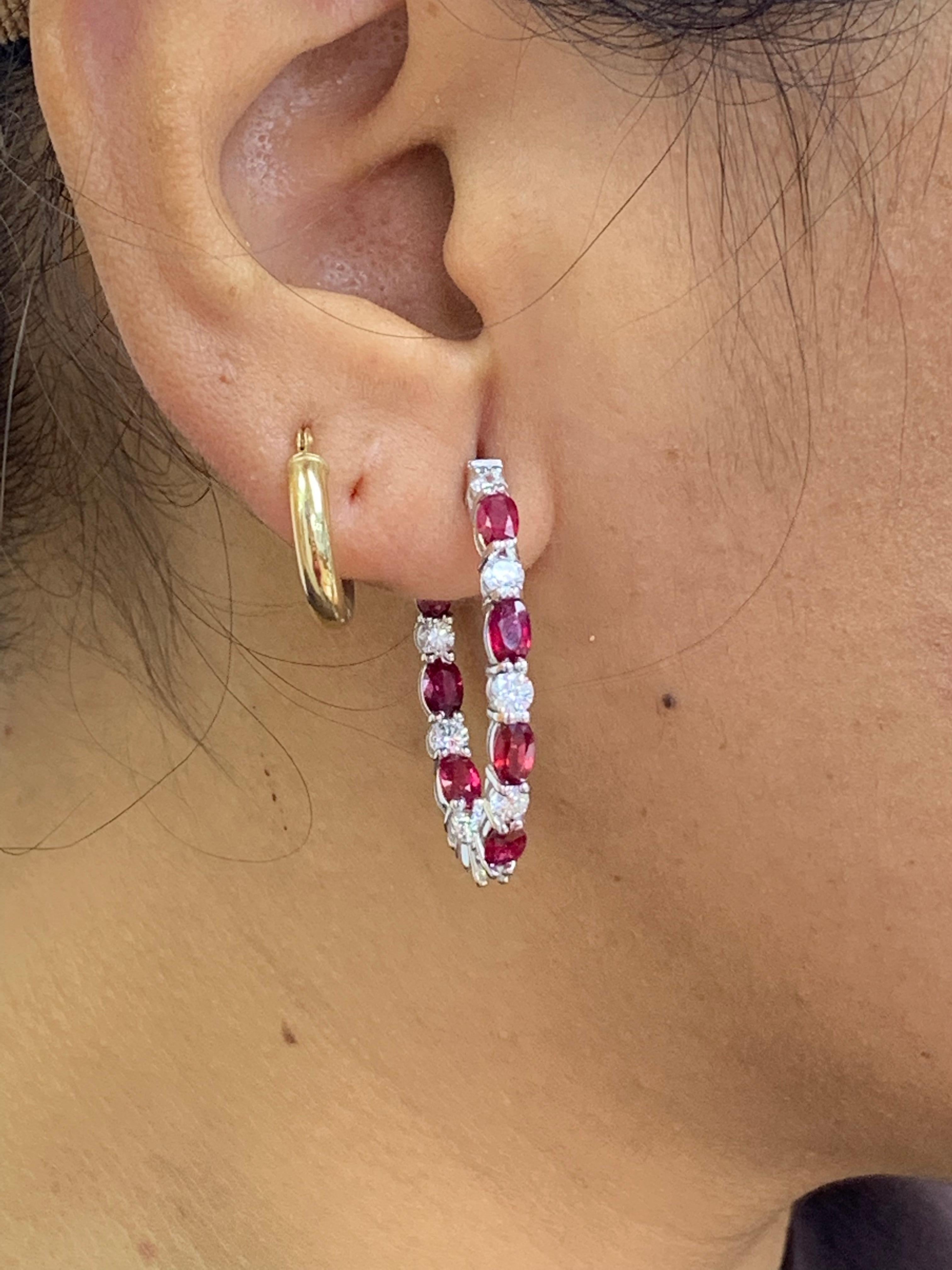 4.73 Carat Oval Cut Ruby and Diamond Hoop Earrings in 14K White Gold In New Condition For Sale In NEW YORK, NY