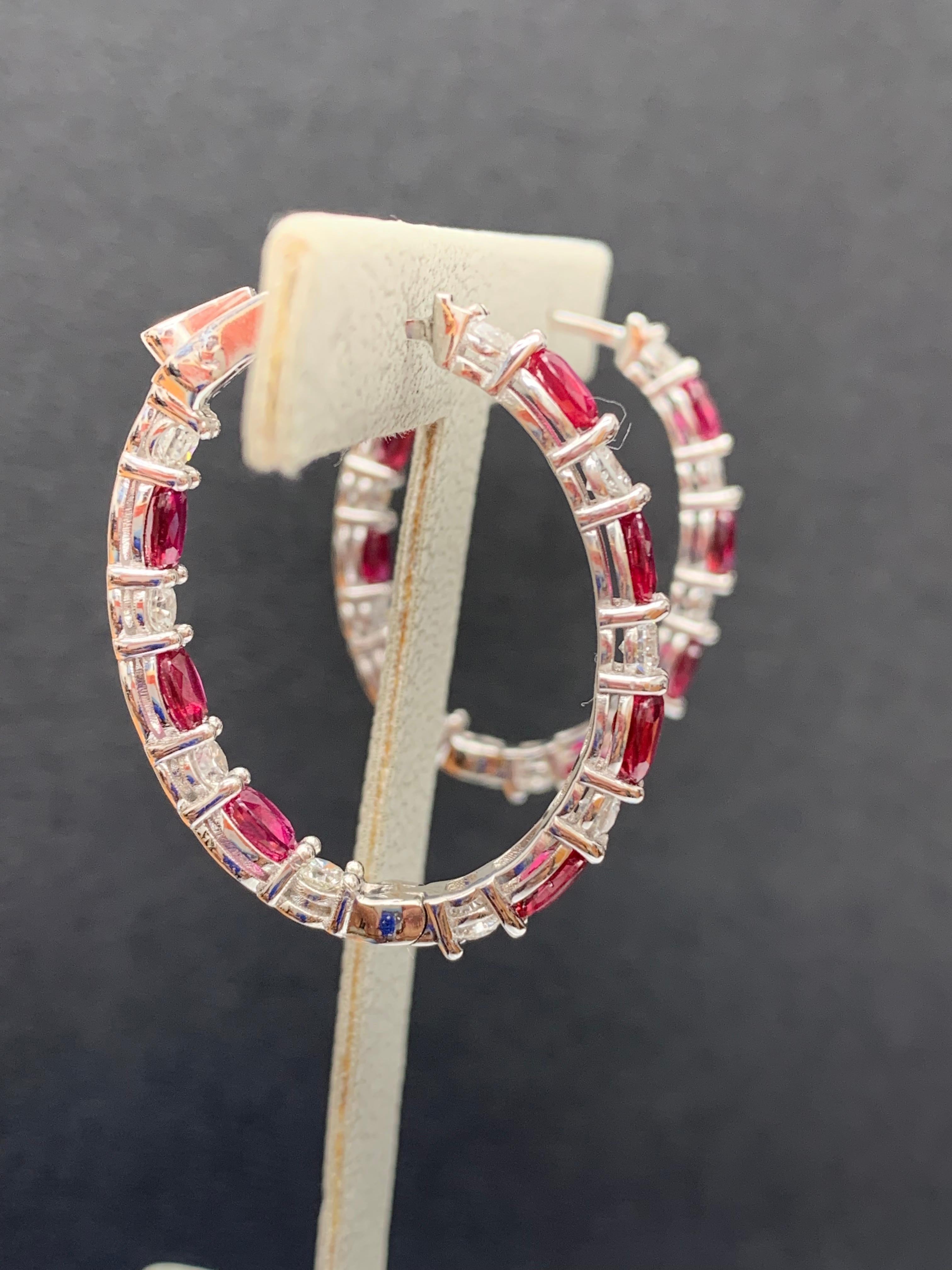 4.73 Carat Oval Cut Ruby and Diamond Hoop Earrings in 14K White Gold For Sale 4