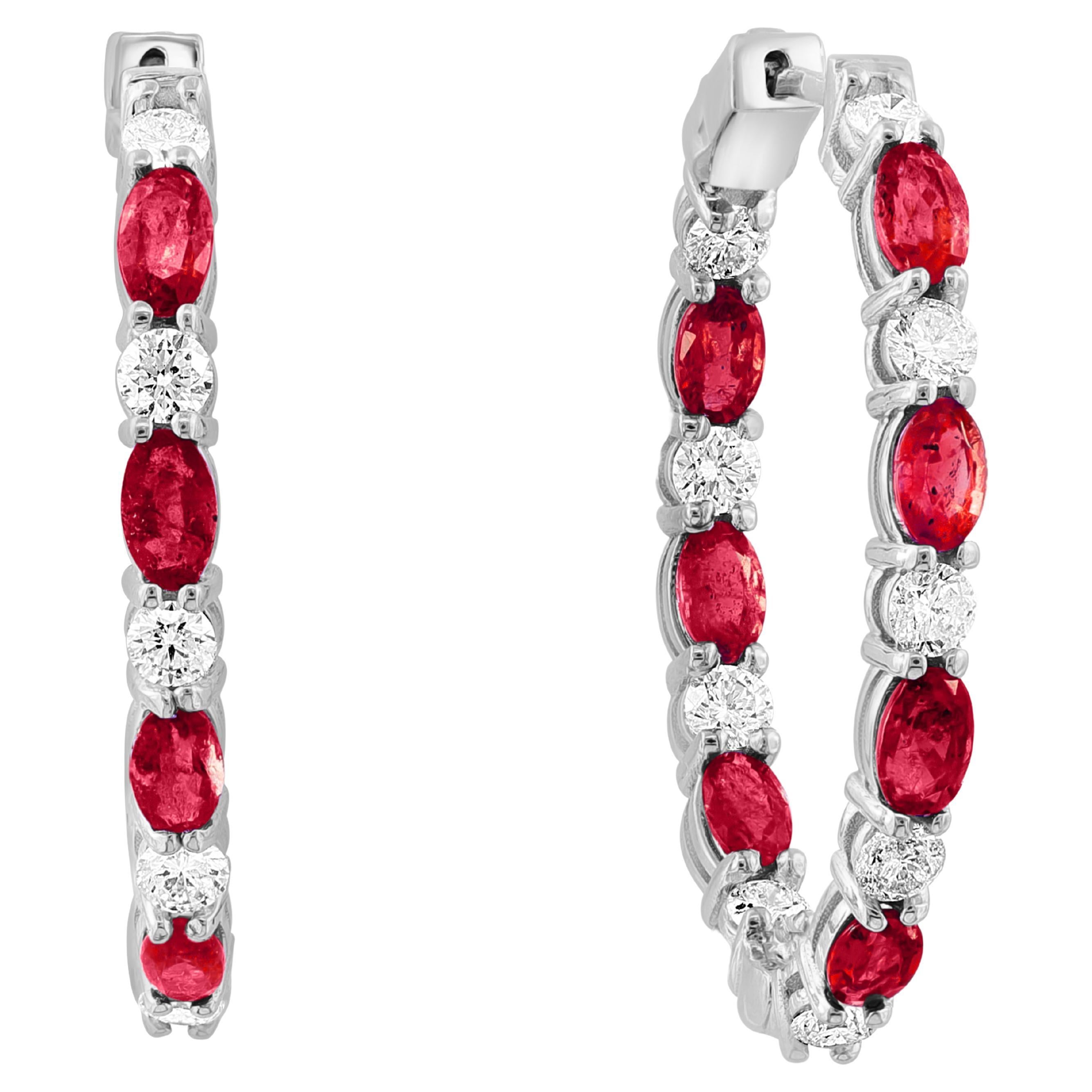 4.73 Carat Oval Cut Ruby and Diamond Hoop Earrings in 14K White Gold For Sale