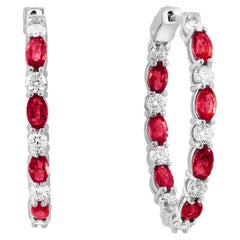 Créoles en or blanc 14 carats avec diamants et rubis taille ovale de 4,73 carats