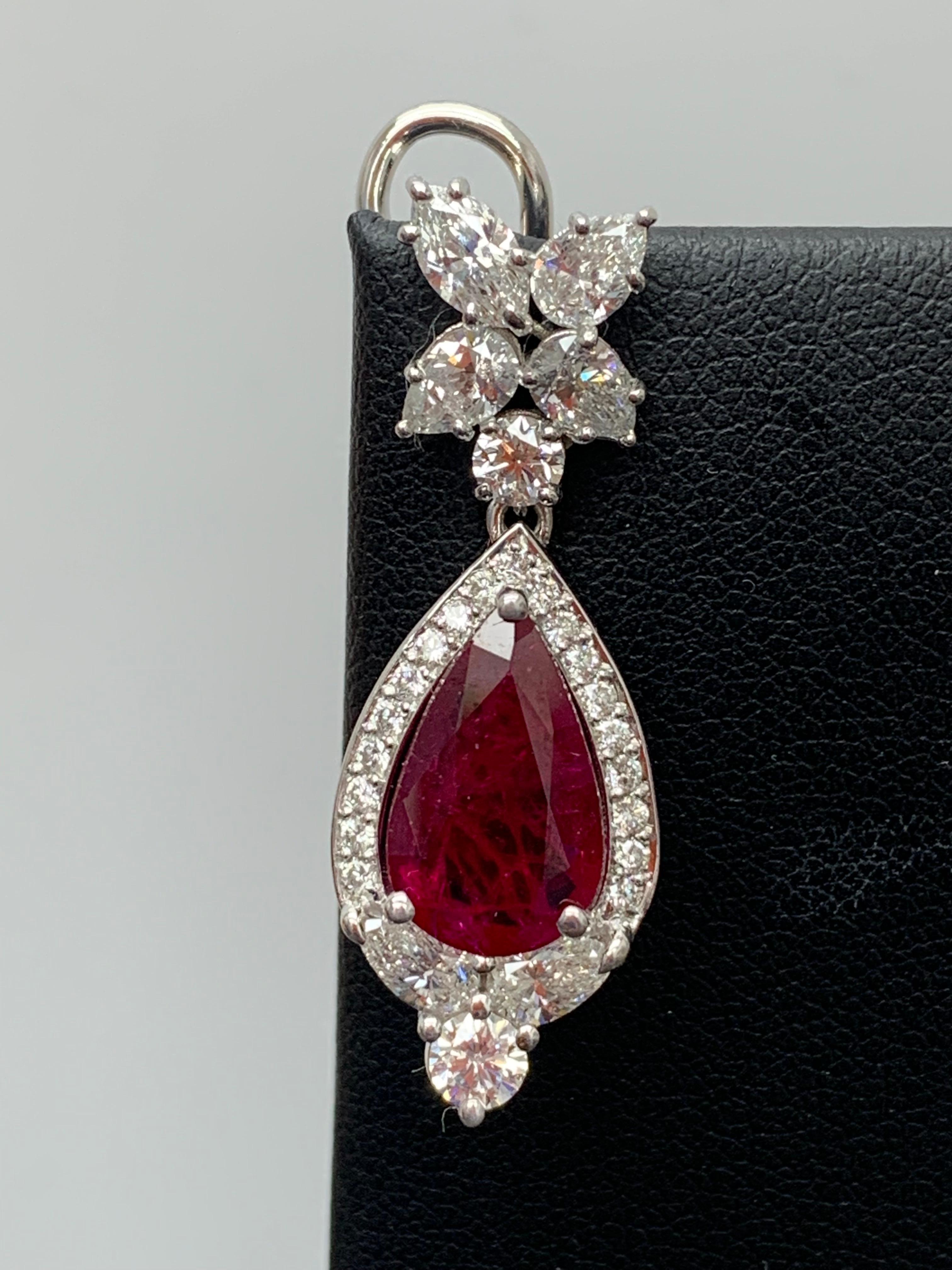 Contemporary 4.73 Carat Ruby and Diamond Drop Earrings in 18K White Gold For Sale