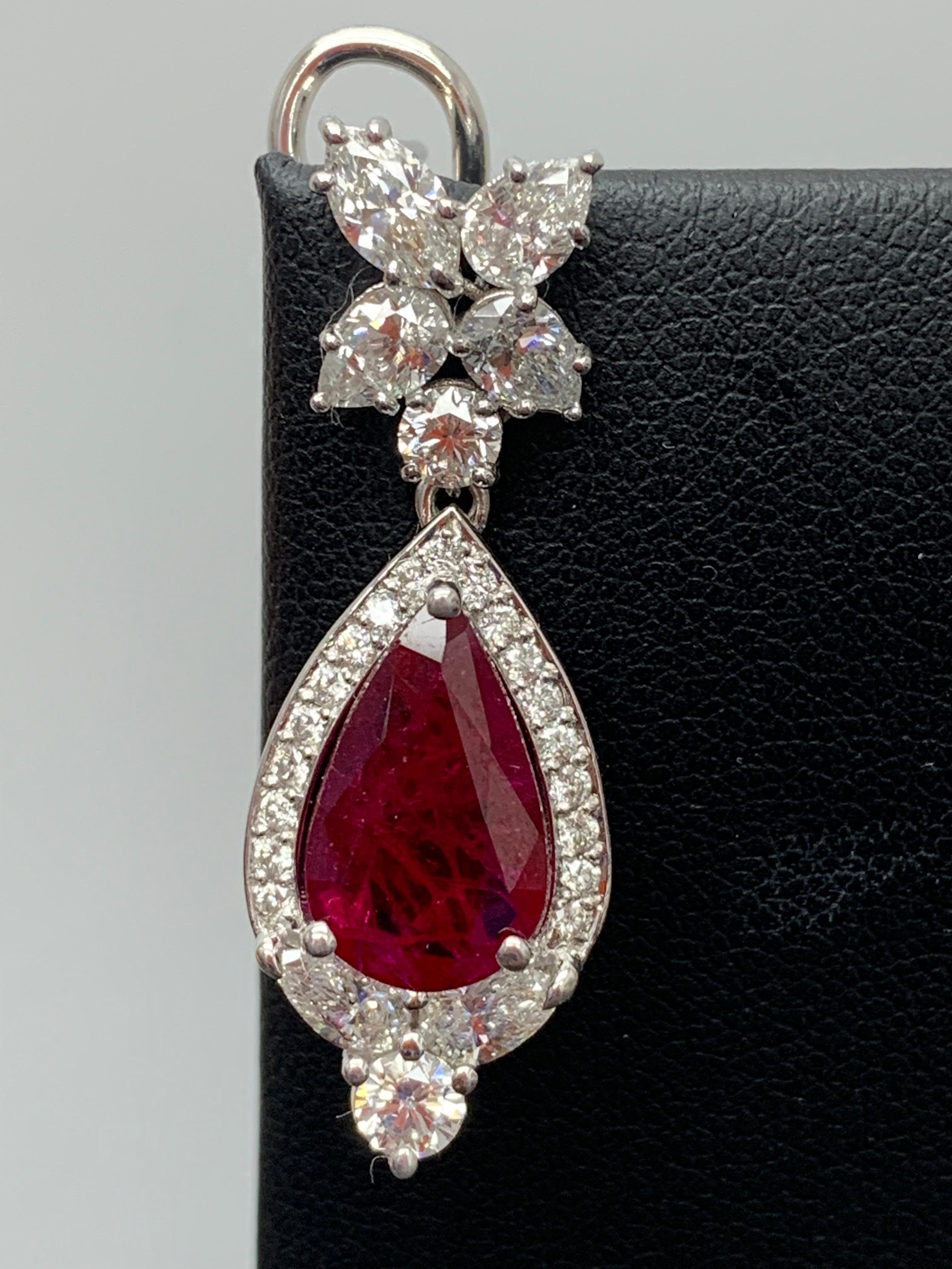 Pear Cut 4.73 Carat Ruby and Diamond Drop Earrings in 18K White Gold For Sale